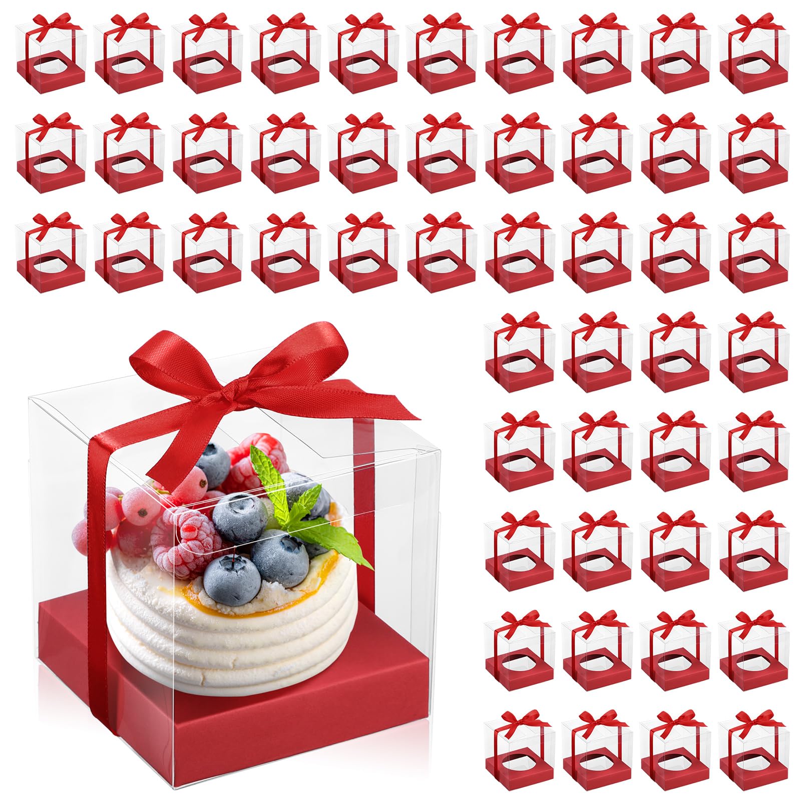 Thenshop 50 Pcs Clear Cupcake Boxes Individual 3.5 Inch, Red