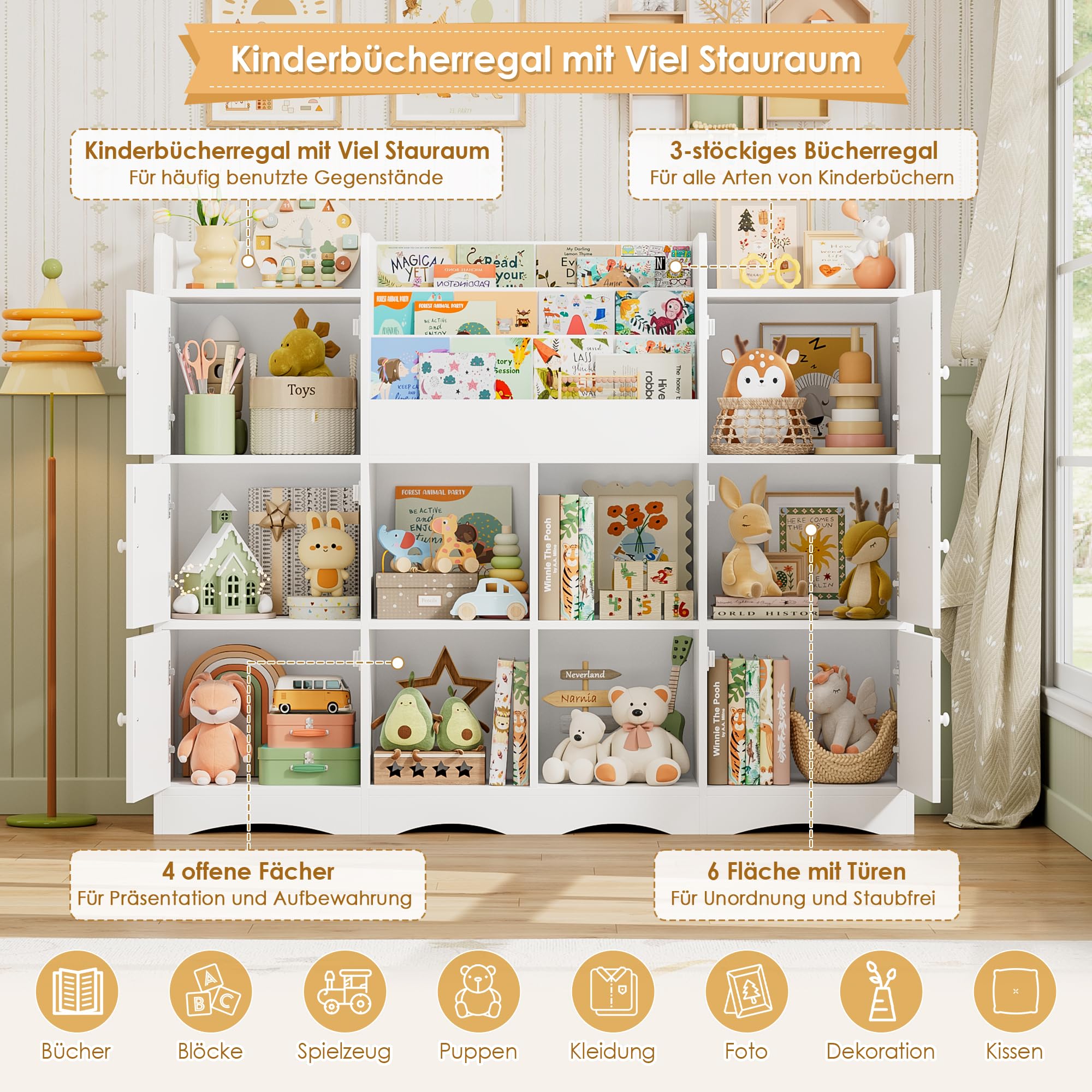 FOREHILL Kinderregal mit 12 Fächer, Bücherregal Kinder, Spielzeug Aufbewahrung, Kinderzimmer Möbel mit 6 Türen, Spielzeugregal mit Montessori Regal 140x30x106 cm Weiß