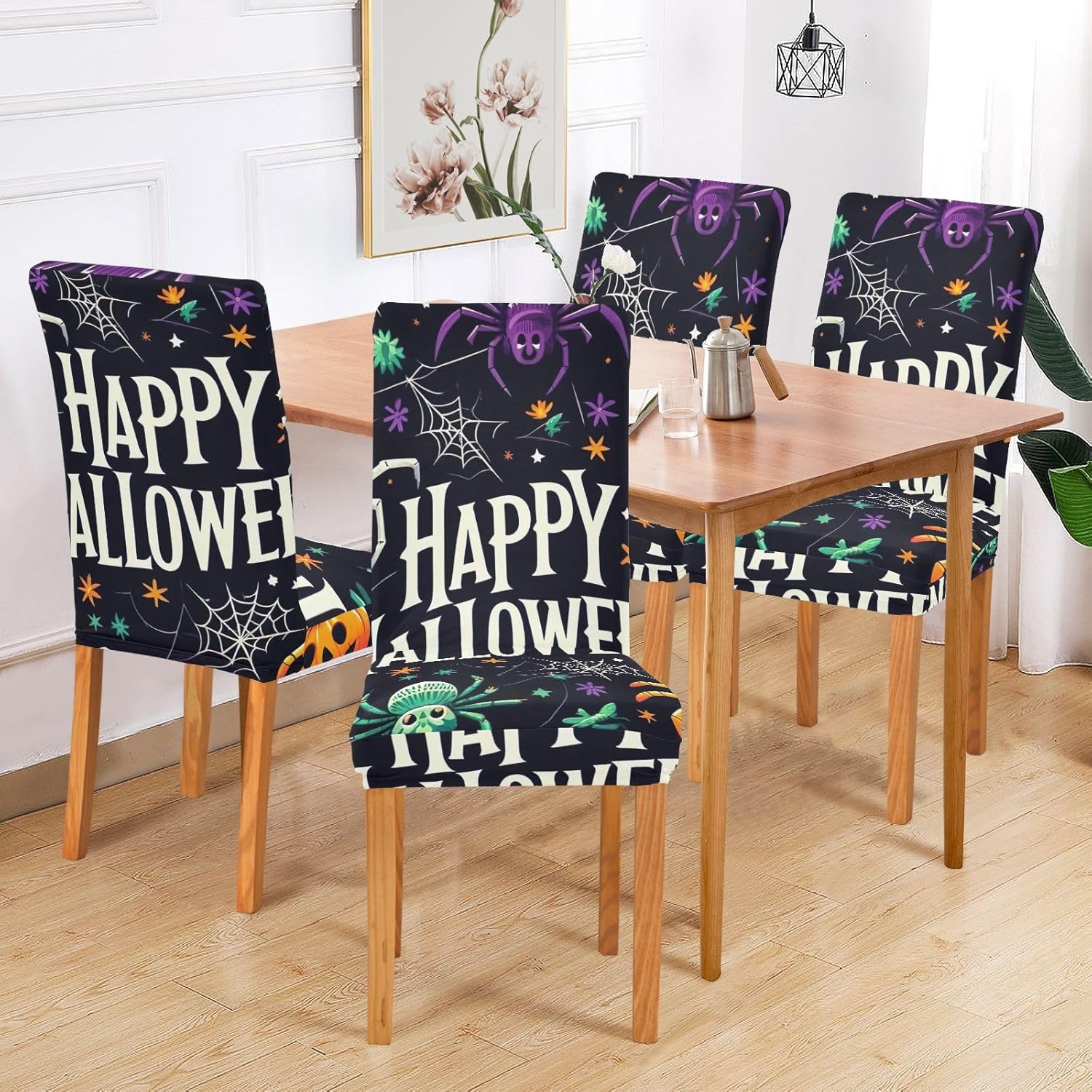 ODAWA ハロウィンセレブレーションパーソンチェアカバー ソフト 取り外し可能 ダイニングチェアスリップカバー 4パック