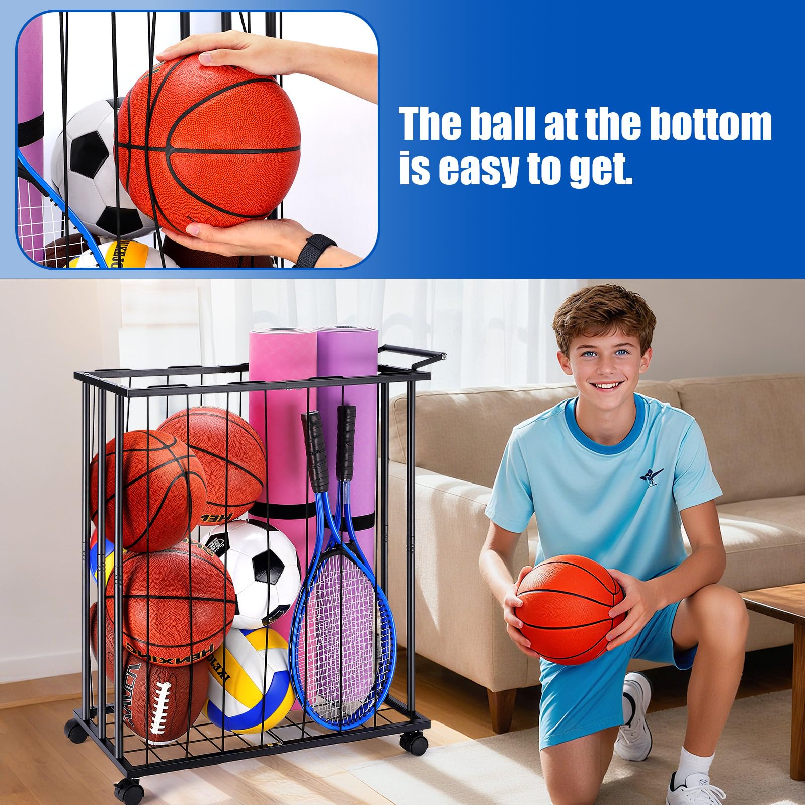 TOBWOLF Garage Veranstalter Ballständer, Ballaufbewahrung Outdoor mit Rädern, Abnehmbares Ball Aufbewahrung, Basketball Halter für Basketball, Fußball, Football, Volleyball