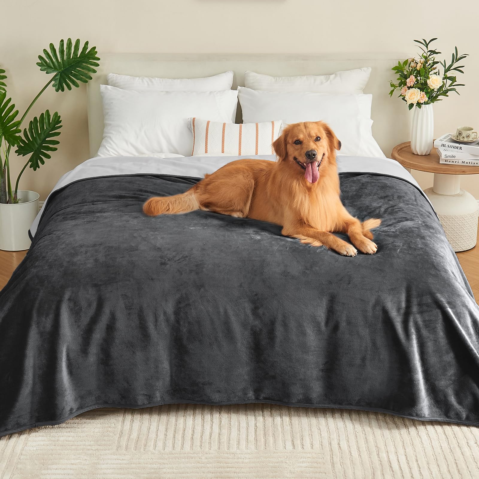 Yaning Waterproof Blanket 152x203cm for Adults, Reversible Waterproof Bed Cover for Dogs Cats Pets, Soft Leakproof Blanket for Bed Couch Sofa Furniture Protector, Dark Grey/Light Grey