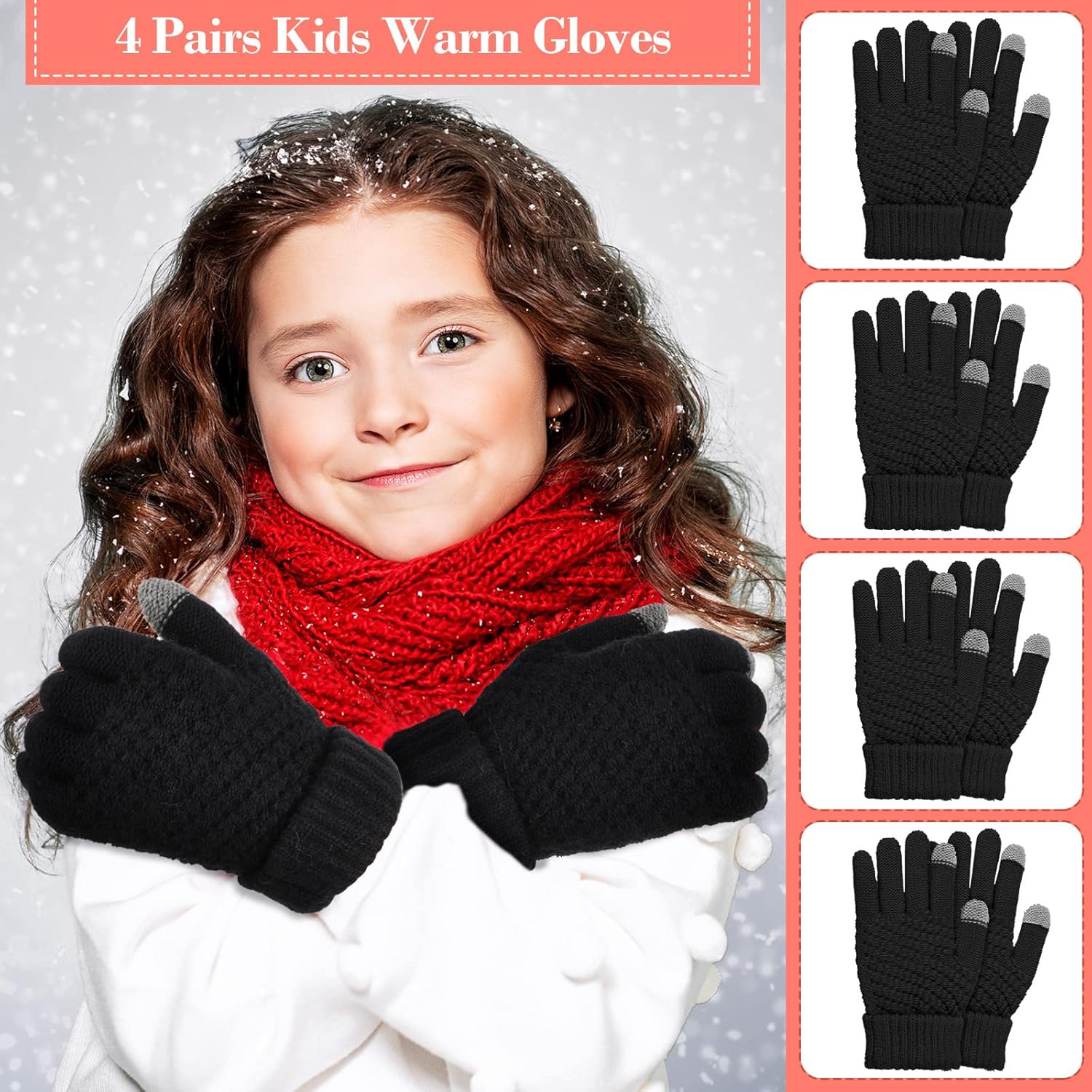 4 Pairs Kids Winter Touchscreen Gloves Warm Fleece Lined Child Knit Gloves Elastic Cuff Winter Texting for Girls Boys - Image 5
