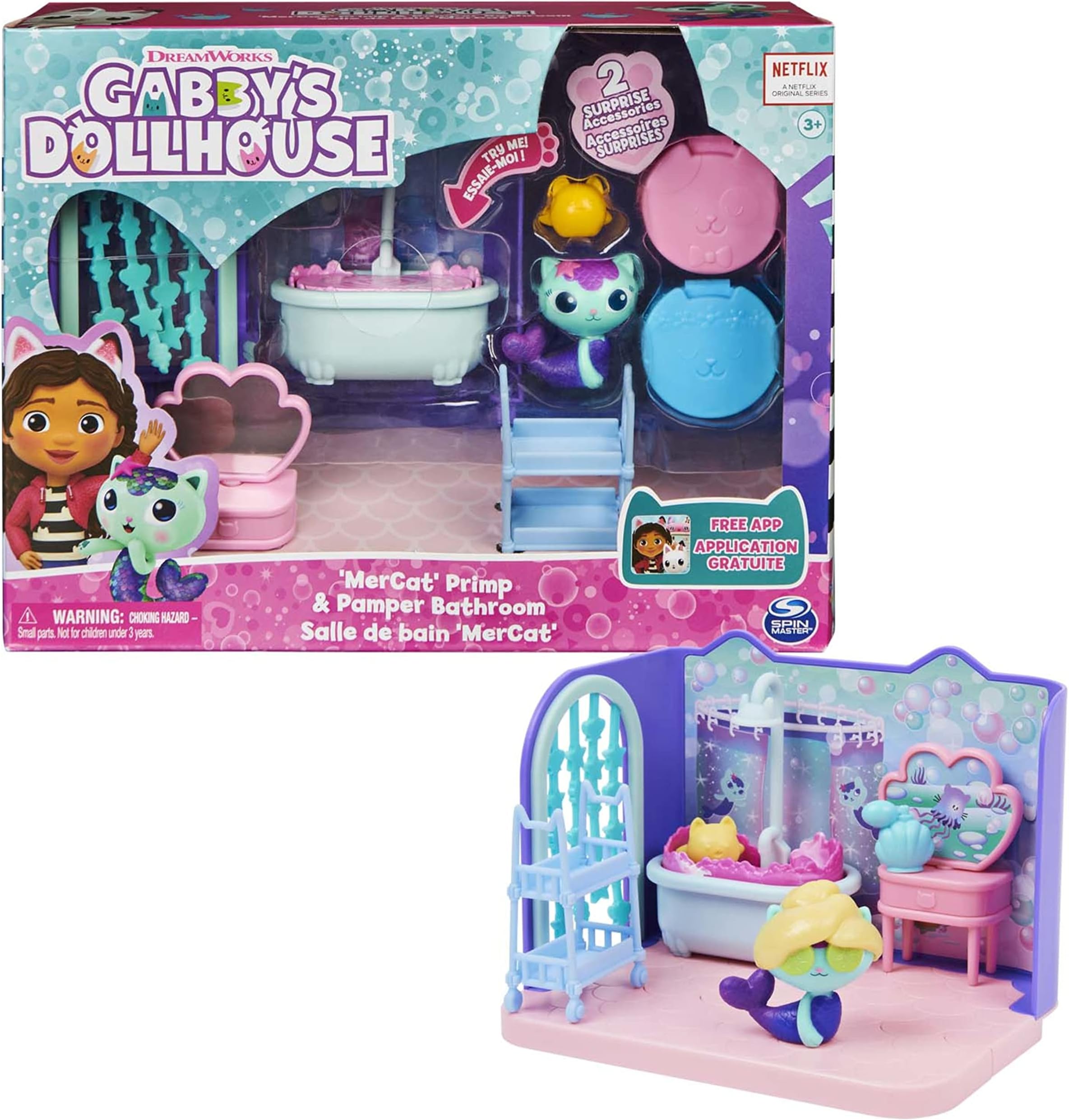 Gabby's Dollhouse Deluxe Room, Primp and Pamper Bathroom, Meerkitty, 3 Pieces of Furniture and 2 Surprise Boxes with Accessories, Suitable for Ages 3+