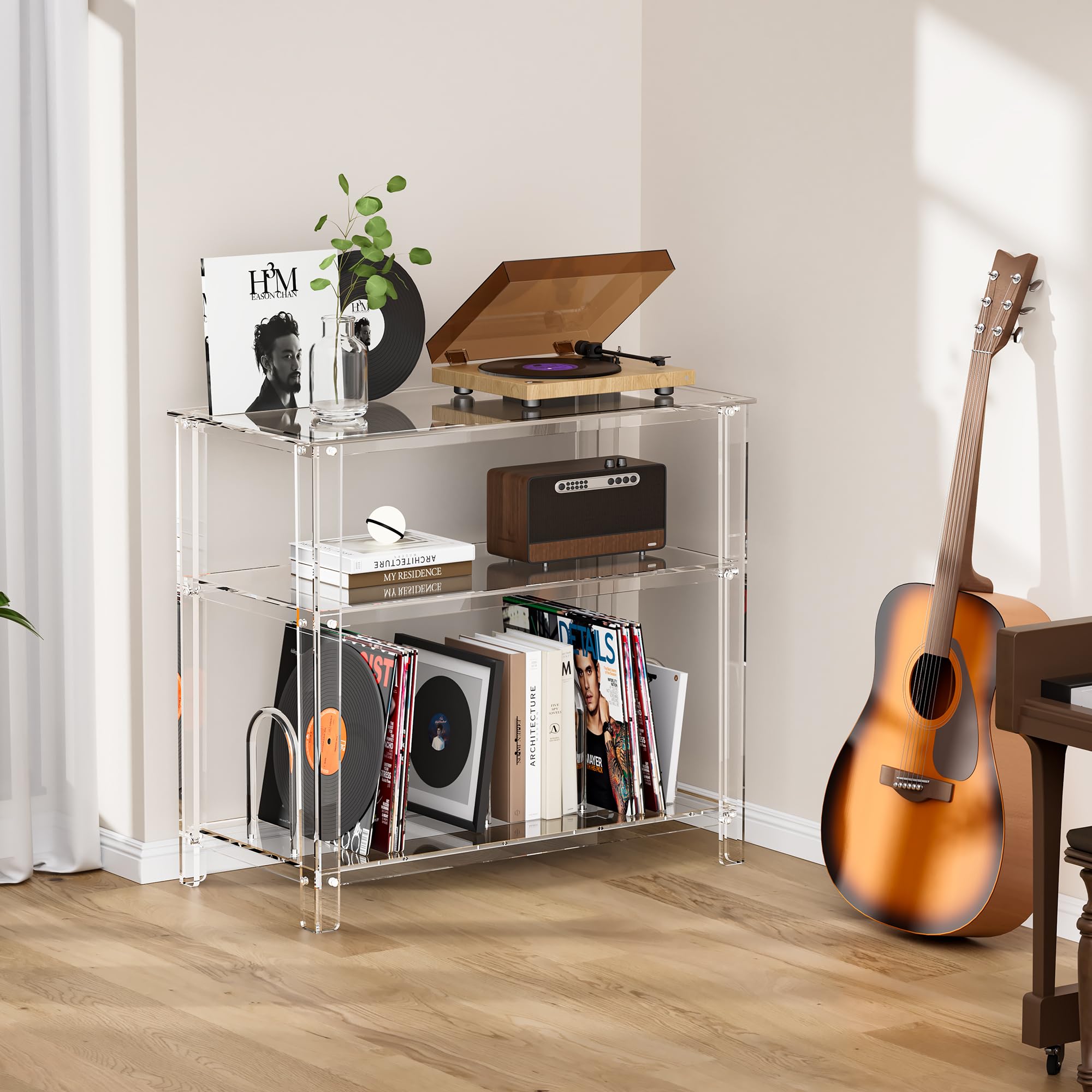 Supporto per giradischi in acrilico, con contenitore in vinile, supporto per giradischi, tavolo portaoggetti per soggiorno, ufficio (trasparente, 80 x 40 x 73 cm)