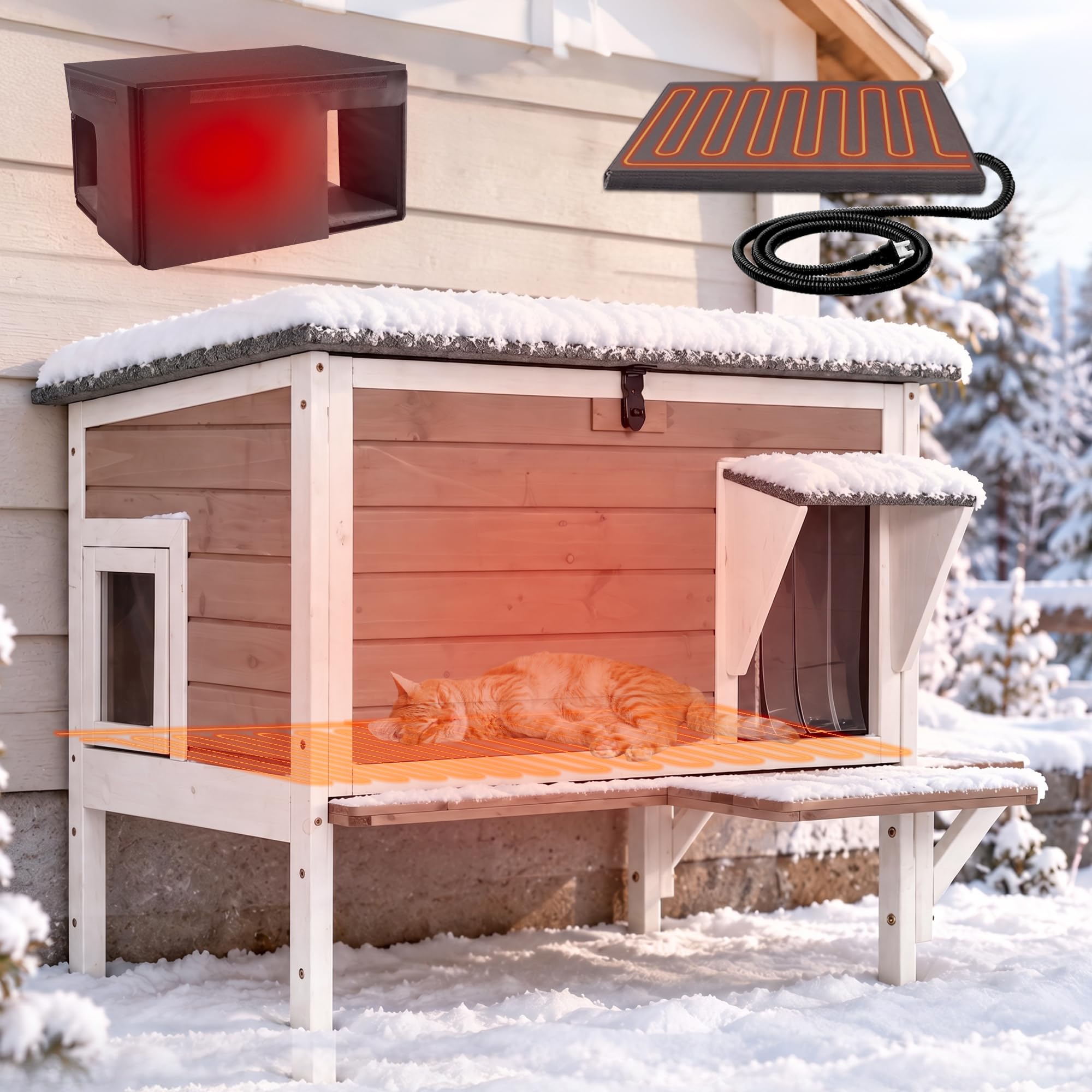 Aivituvin Heated Cat House with Insulated Liner, Large Feral Cat Shelter for Winter, Weatherproof Cat Condos for Outdoor Indoor Kitty Shelter, Light Brown