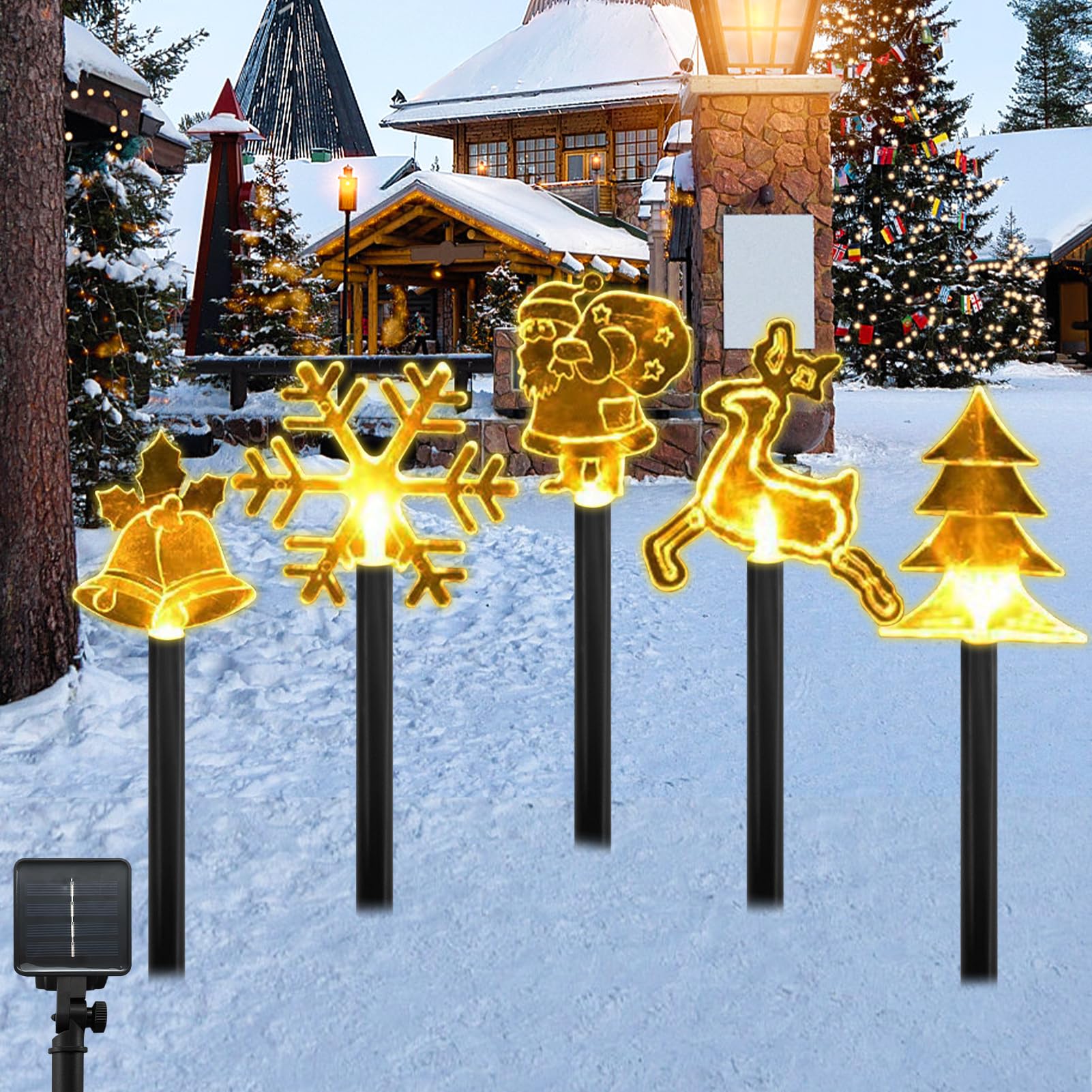 Luces de Navidad Exterior Solares, Juego de 5 Lámparas Solares para Exterior, Luces LED para Jardín, Navidad Luces Decorativas al Aire Libre, Navidad Fiestas Camino Trasero