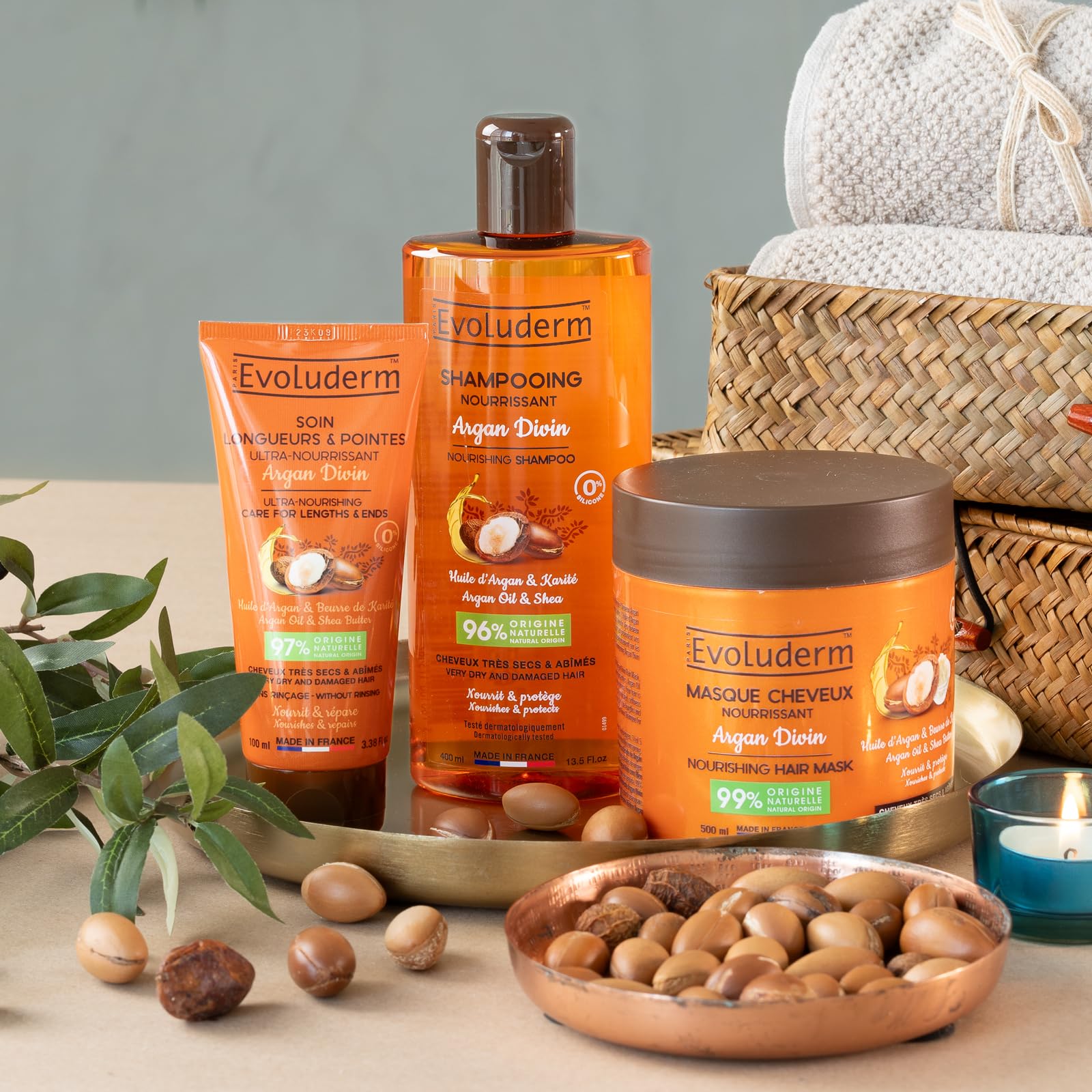 Evoluderm - Routine Nourrissante Corps & Cheveux 7 produits - Soin Corps et Cheveux - Nourrissant - Argan Divin - Fabrication Française