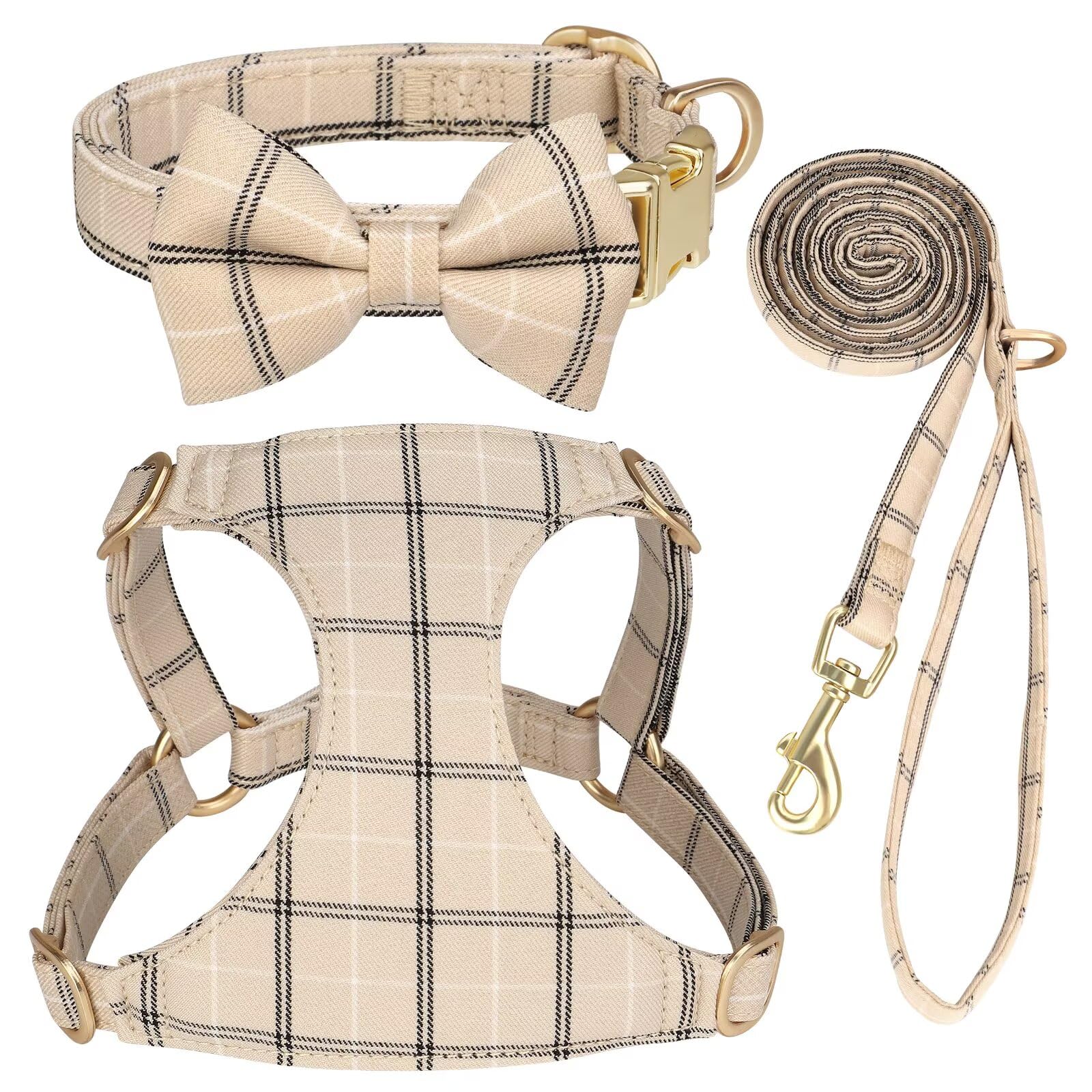 Beirui Cute Extra Small Dog Harness Collar and Leash Set with Bowtie, Soft Adjustable Plaid Puppy Harness for Small Sized Dogs Cats Walks Parties and