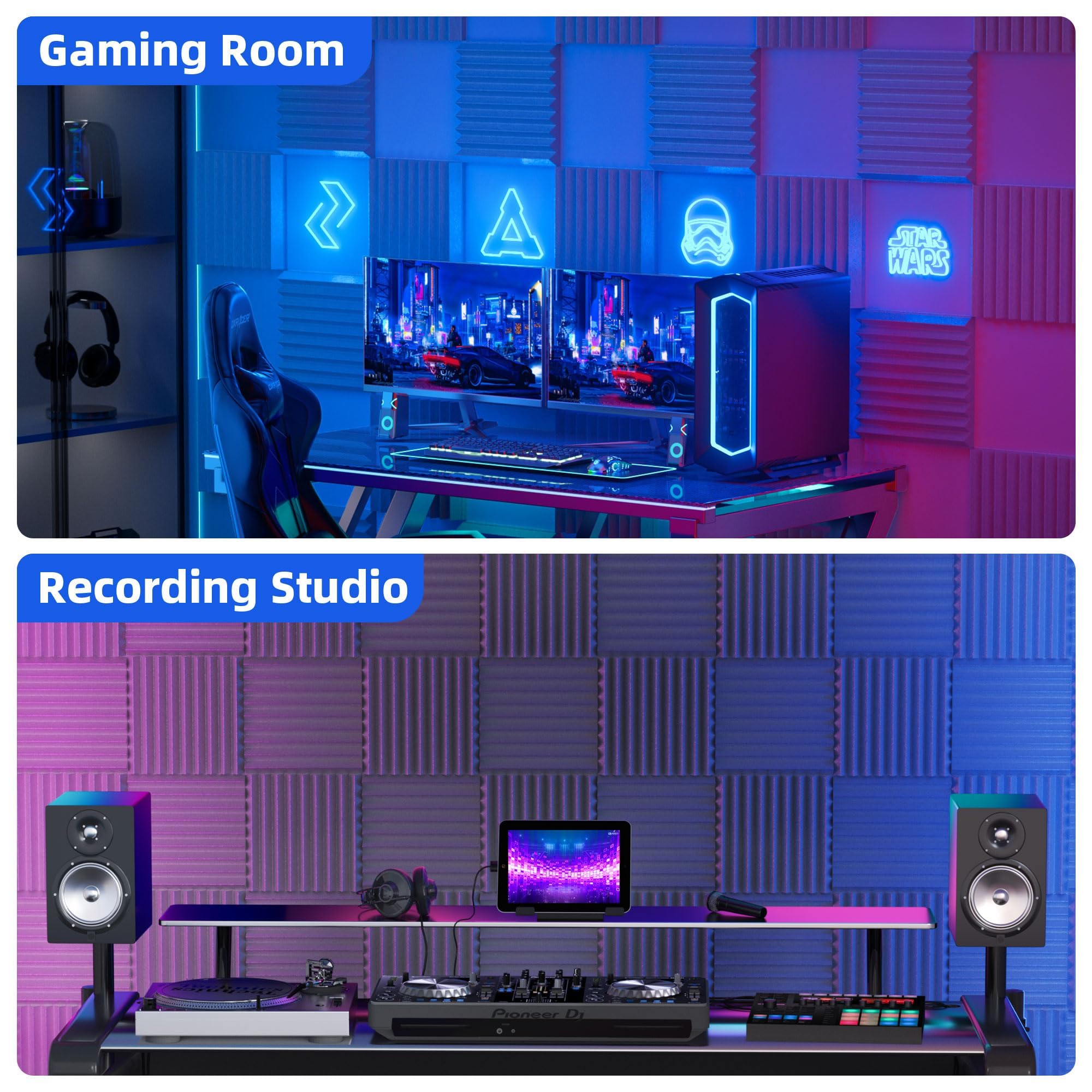 12 Pack Sound Proof Foam Panels for Wall with Self Adhesive, 3" X 12" X 12" High Density Acoustic Panels Sound Absorbing Quick-Recovery, Wedges Soundproof Wall Panels for Gaming & Studio Decor - Gray