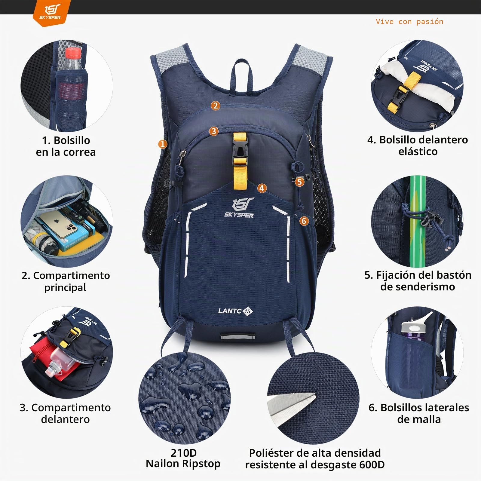 SKYSPER Mochila de Senderismo 15L Ligero Transpirable Mochila para Excursiones Mochila de Viaje para Deportes al Aire Libre Trekking Ciclismo