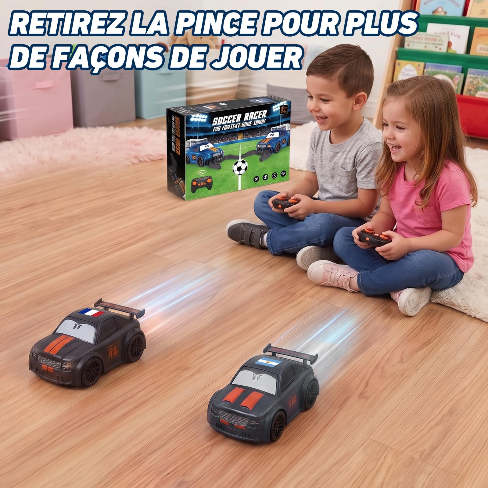 GizmoVine Voiture Télécommandée Enfant, Set Football RC 2 Joueurs avec Arène, 2 Voitures 4 Roues Motrices 2,4 GHz, Dérapage 360°, LED et Musique