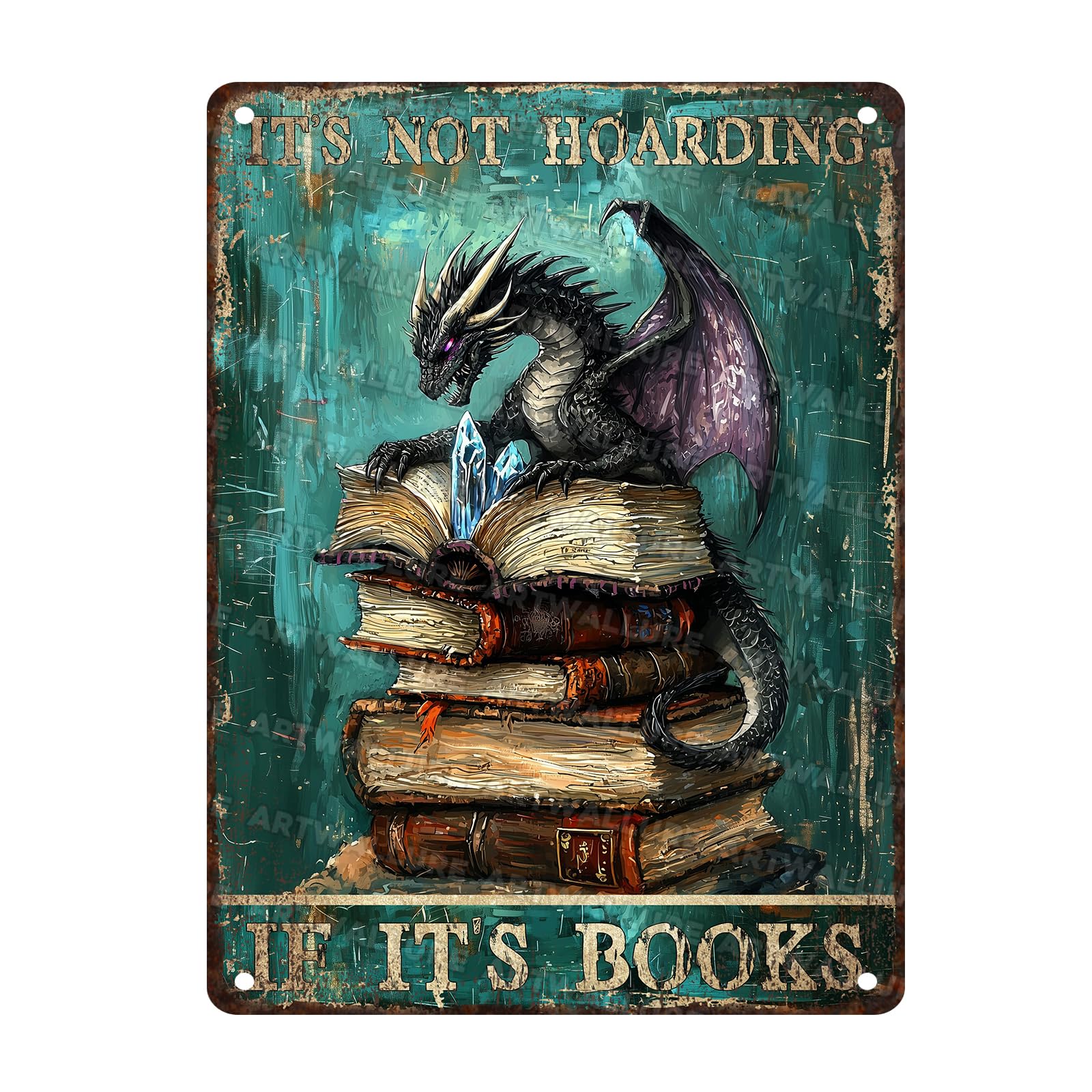 Dragon Metal Tin Sign Dragon Book It's Not Hoarding If It's Books Retro Vintage Tin Sign Study Art Metal Wall Decor Outdoor Indoor Wall Decor 12x16inch