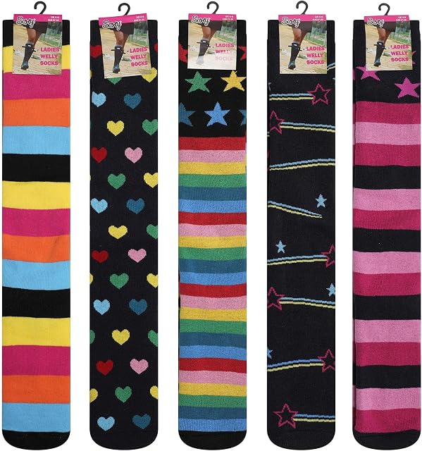 Soxy Ladies Design Wellington Boot Socks - 5 Pack - Women's Cotton Rich Breathable Welly Socks - Festival Walking Hiking Thermal Socks - Assorted Patterns - Animal Designs - UK Shoe Size 4-6