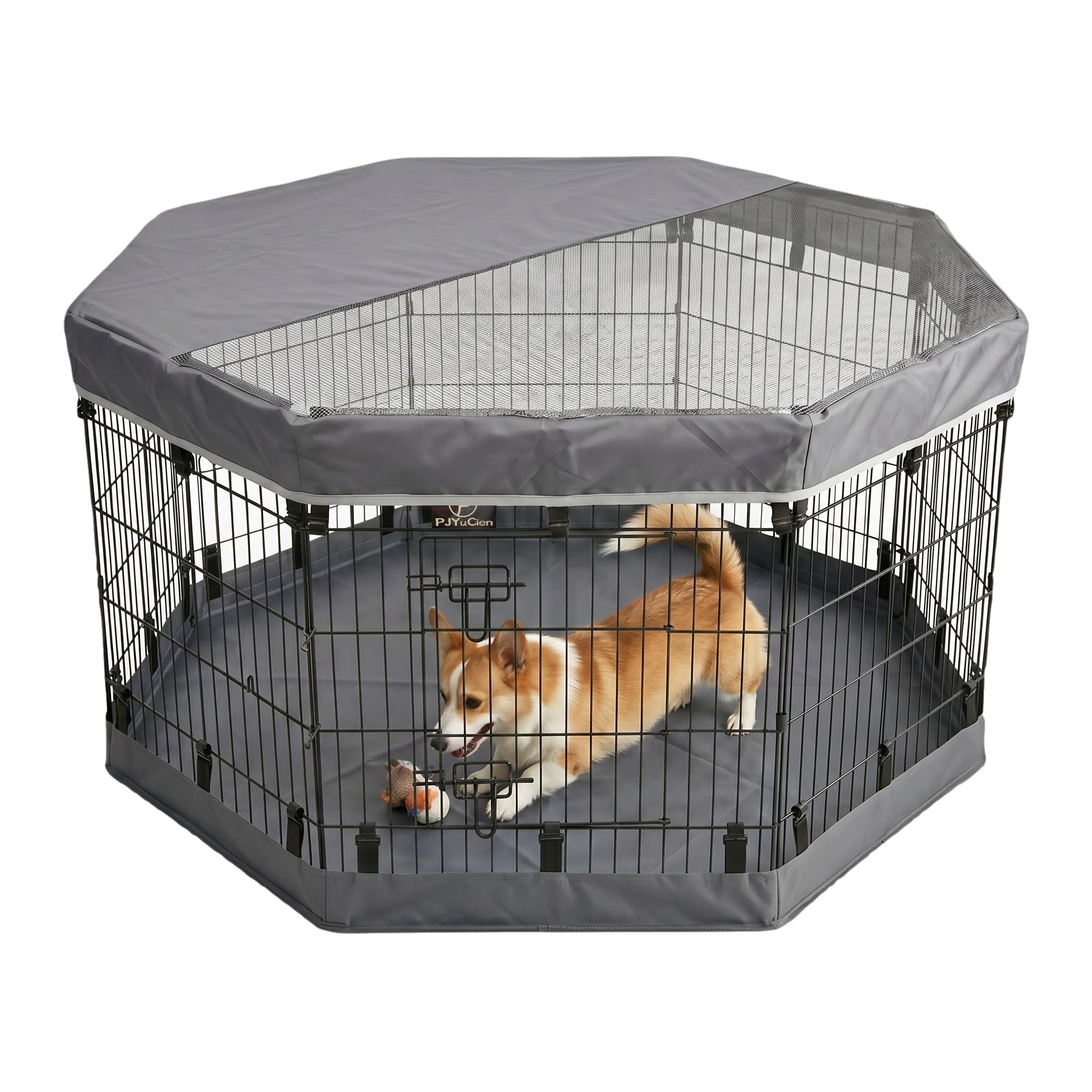 Photo 1 of PJYuCien Octagonal Dog Playpen with Top Cover and Bottom Pad - Metal Foldable Exercise Pen, 8 Panels 30" H x 24" W Indoor Outdoor Pet Fence Puppy Crate Kennel, Gray
