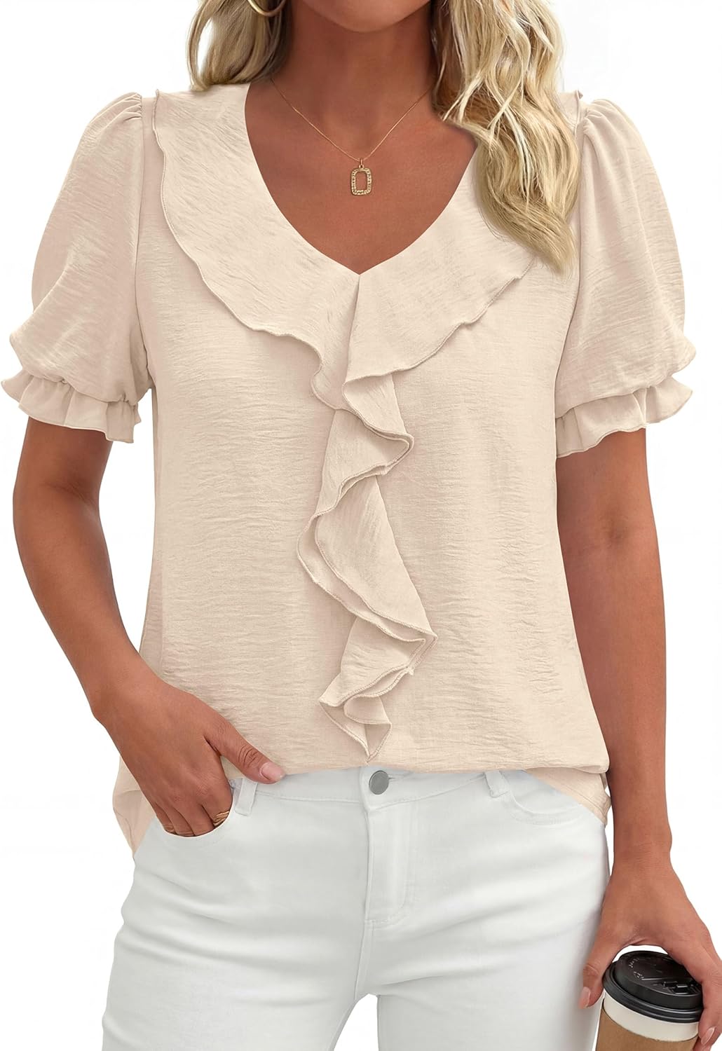 PRETTYGARDEN Women's Summer Dressy Casual Blouses 2026 Short Sleeve V Neck Ruffle Business Work Tops Trendy Spring Outfits - Image 2
