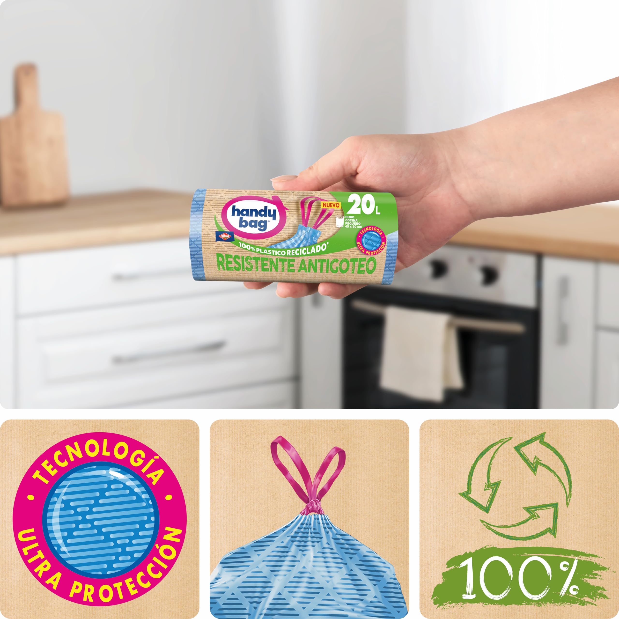 Handy Bag Bolsas de Basura Resistente Antigoteo, 100% Reciclado, Autocierre, 20L, 15 Bolsas, 1 Paquete