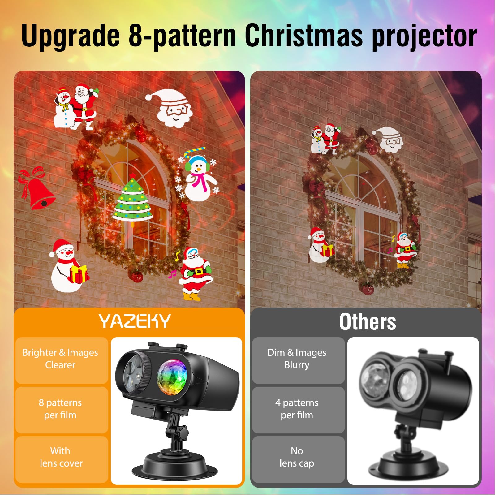 YAZEKY Proiettore Luci Natale per Interno Esterno, Lampada per Proiettore LED Natale con 10 Diapositive 8 Modelli e 10 Effetti di onde d'acqua, Luce Proiettore per Decorazioni Natale Halloween Festa