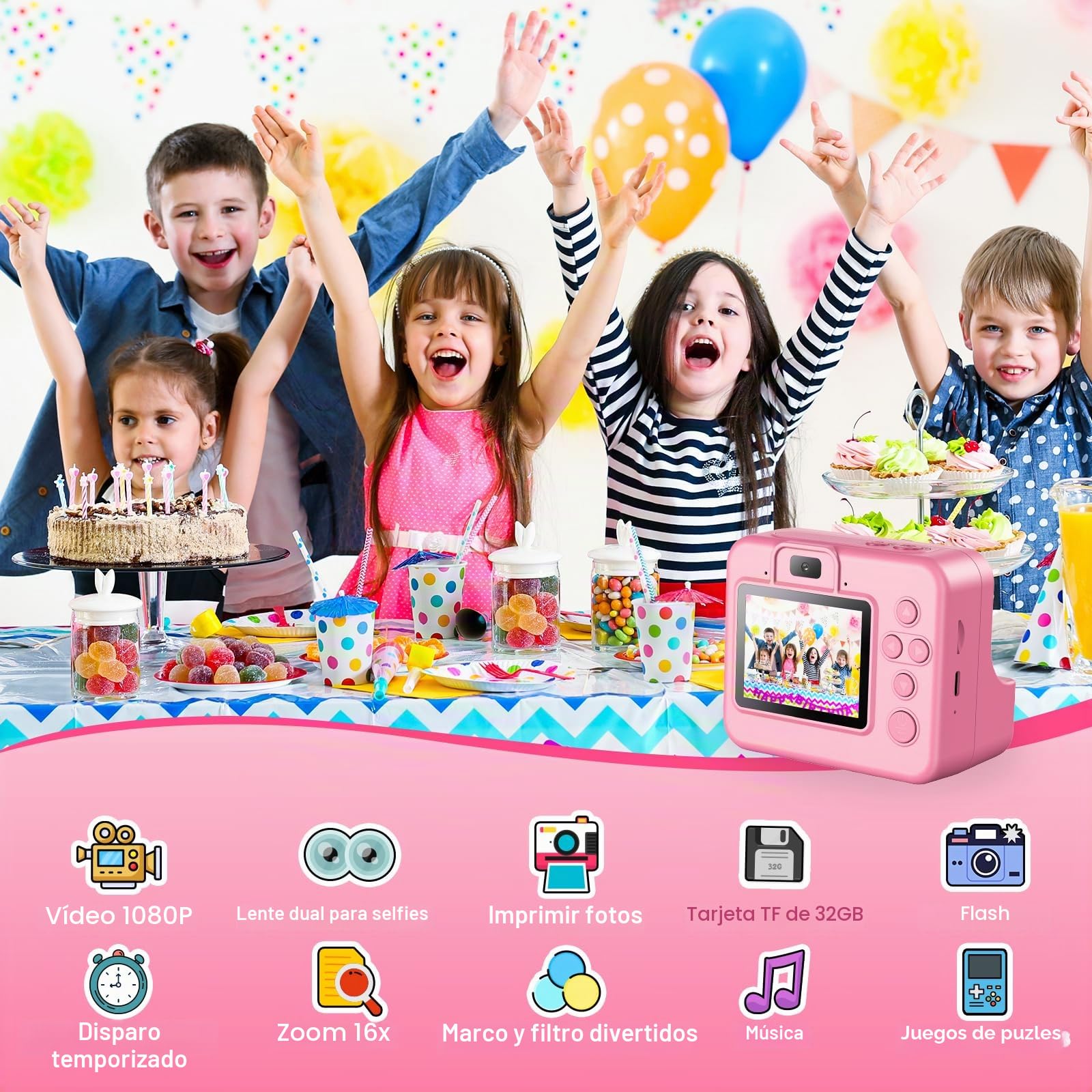 Cámara instantánea para niños con selfie 1080p Cámara instantánea con tarjeta de 32 GB y 3 rollos de papel de impresión, cámara para niños, juguetes para niños, regalos para