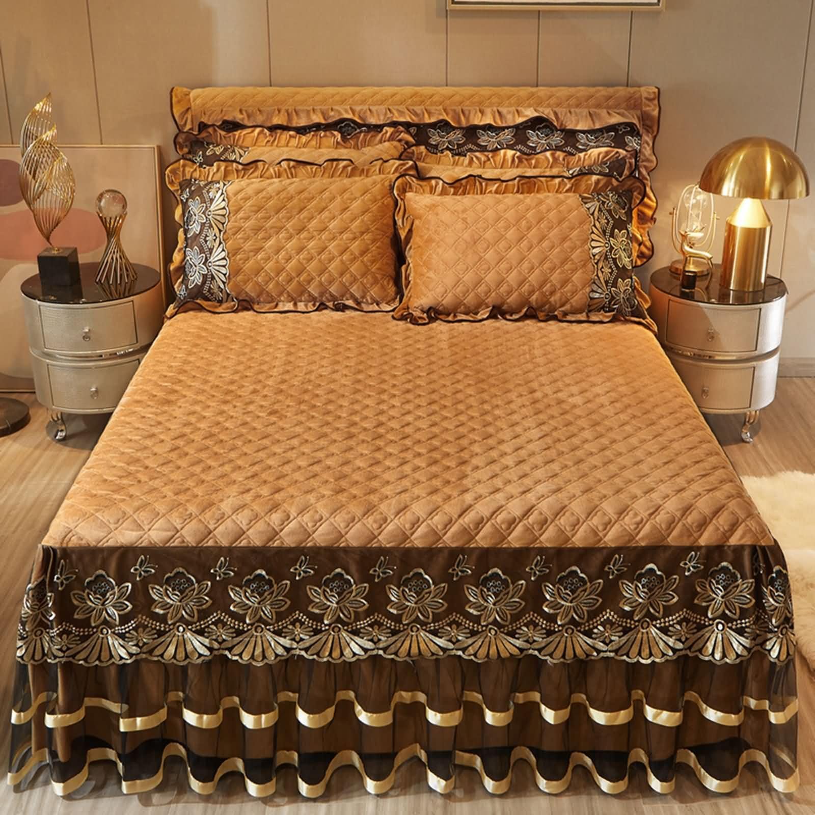 Bajera Ajustable 150x200cm,Bajera Cama Matrimonio Patrón de Encaje Bordado con Color Sólido Ajuste Sabanas Bajeras Caqui