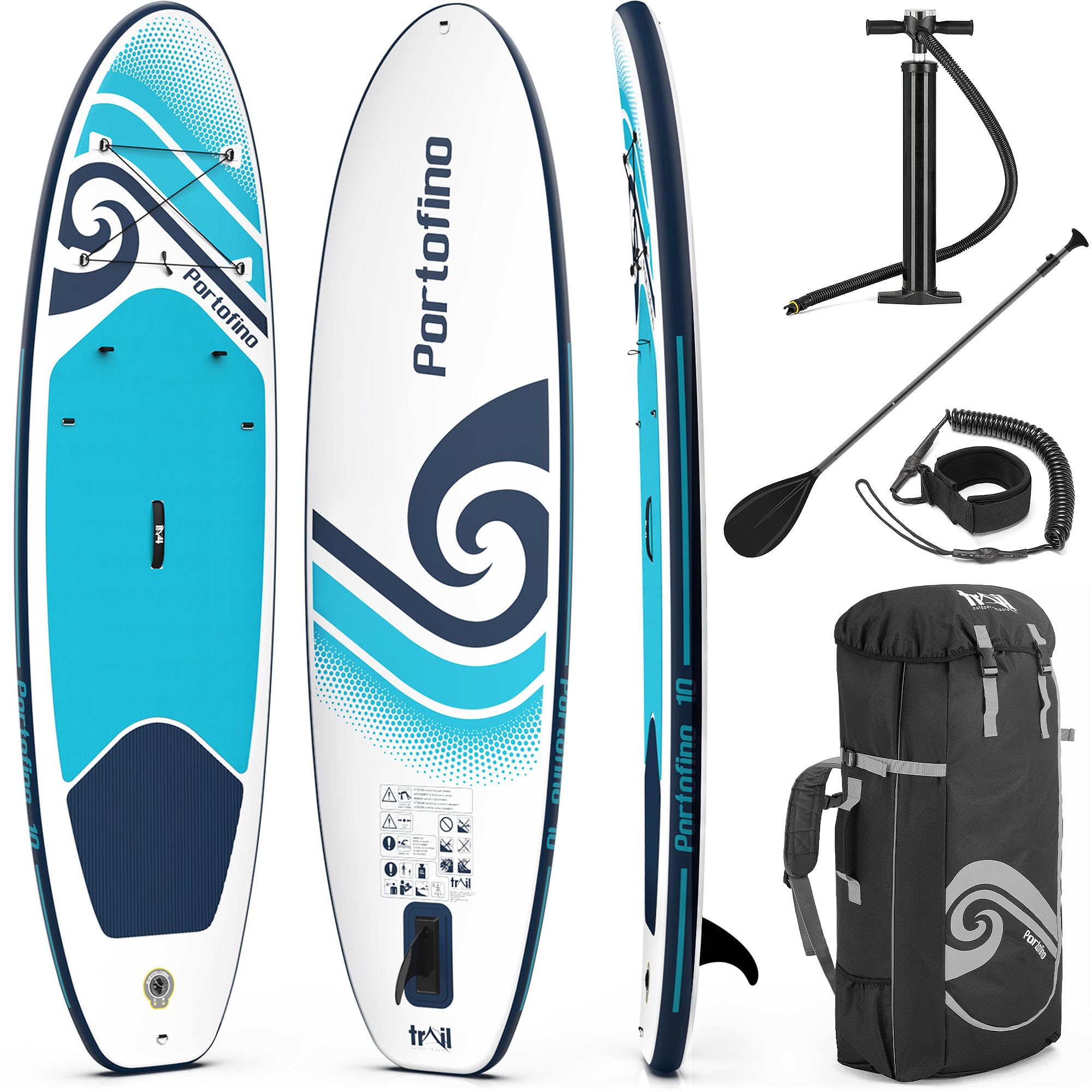 Trail Portofino Inflatable Stand Up Paddle Board, 10ft x 33" x 4.75" SUP, All Round Paddleboard With Accessories, Backpack Bag, Adjustable Aluminium Oar, Pump, Pressure Gauge, Leash, Removable Fin