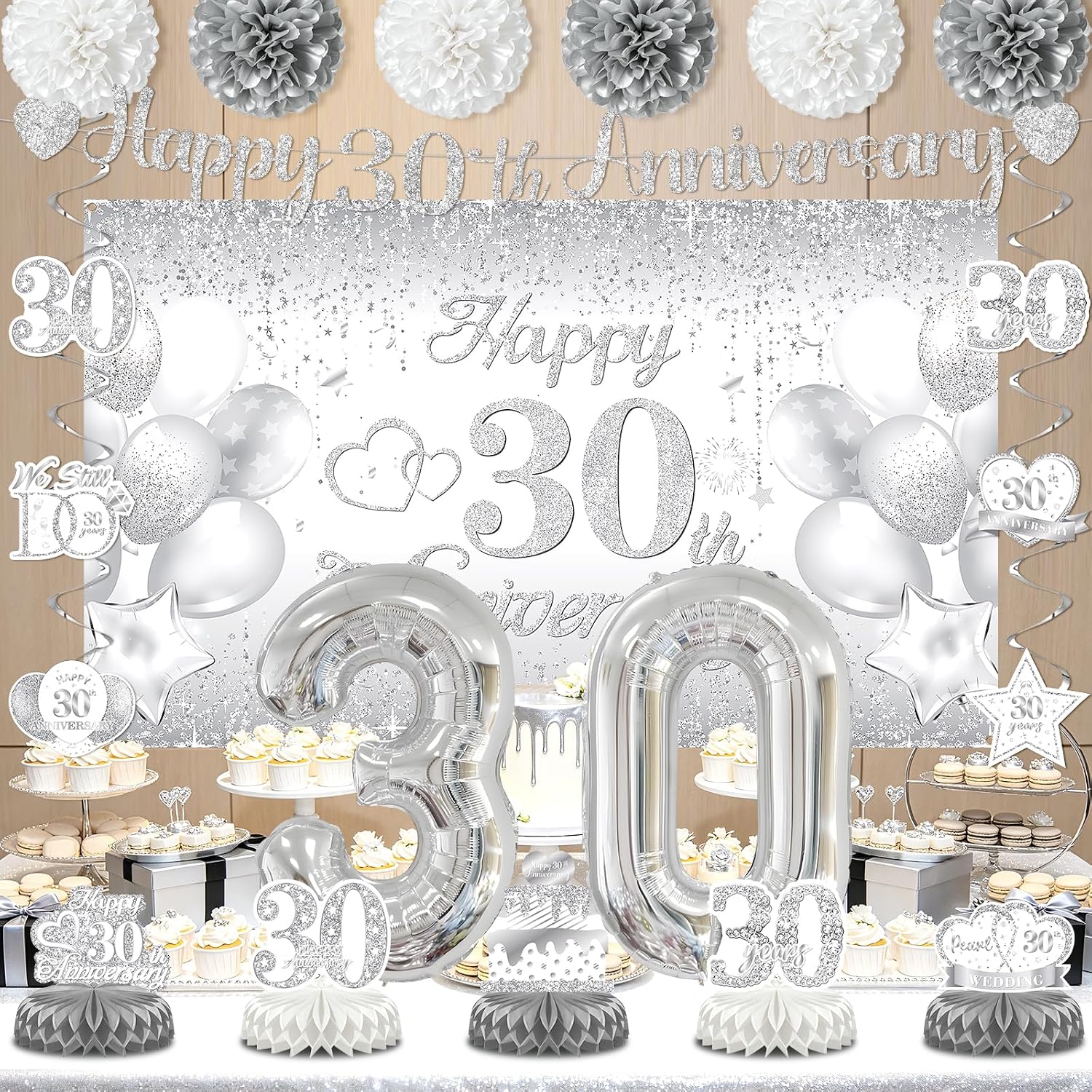 Silver 30th Wedding Anniversary Decorations Banner, 30th Anniversary Table Centerpieces Hanging Swirls Tissue Pompoms Foil Balloon for 30 Years Silver Wedding Party Decoration Supplies