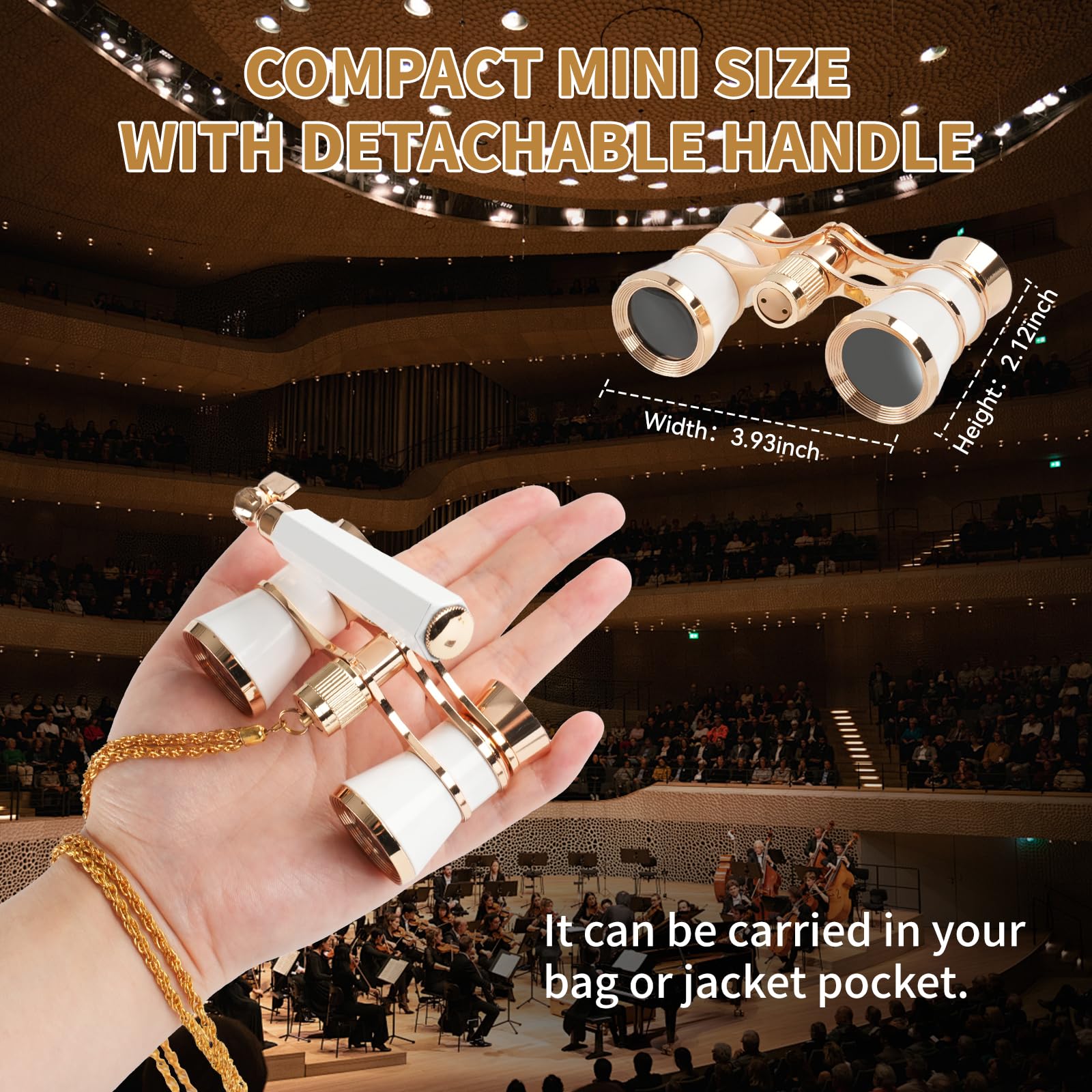 Gafas de ópera 3 x 25 para mujer con mango ajustable y cadena, lente óptica BK9, mini prismáticos compactos vintage para teatro, adultos y niños en concierto musical de ópera, color blanco 7