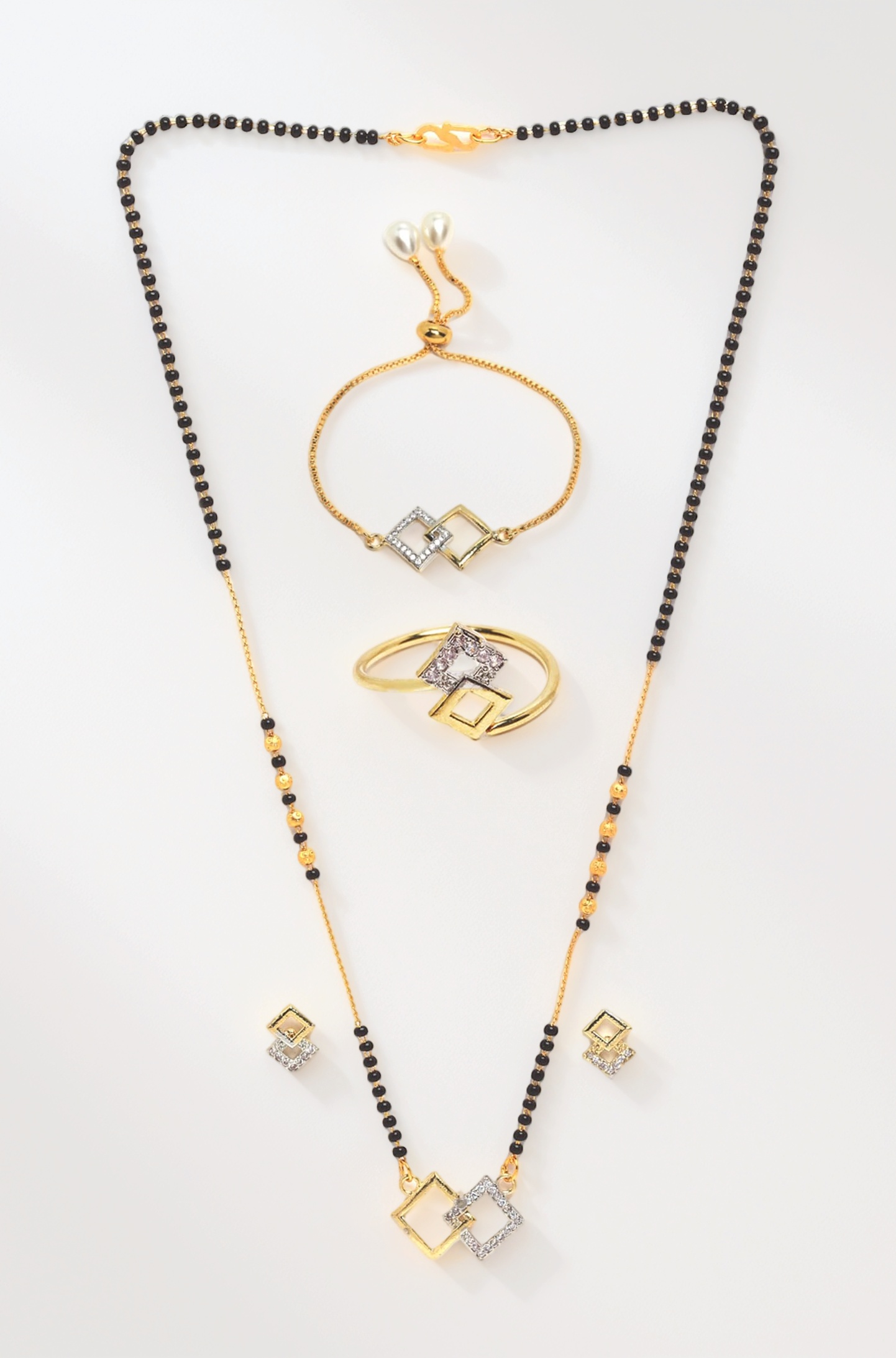 ZENEME Jewellery Gold Plated Combo All In One Mangalsutra Tanmaniya Nallapusalu Necklace Pendant Black Bead Golden Chain Bracelet Ring Earrings For Women and Girls