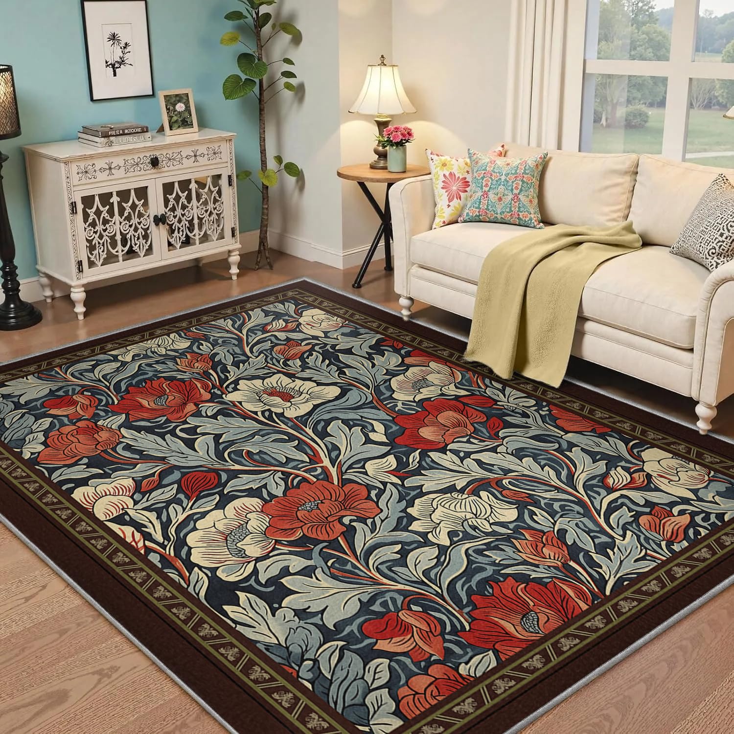 Tapis antidérapant lavable 200x300cm rouge et bleu à poils bas idéal pour salle à manger