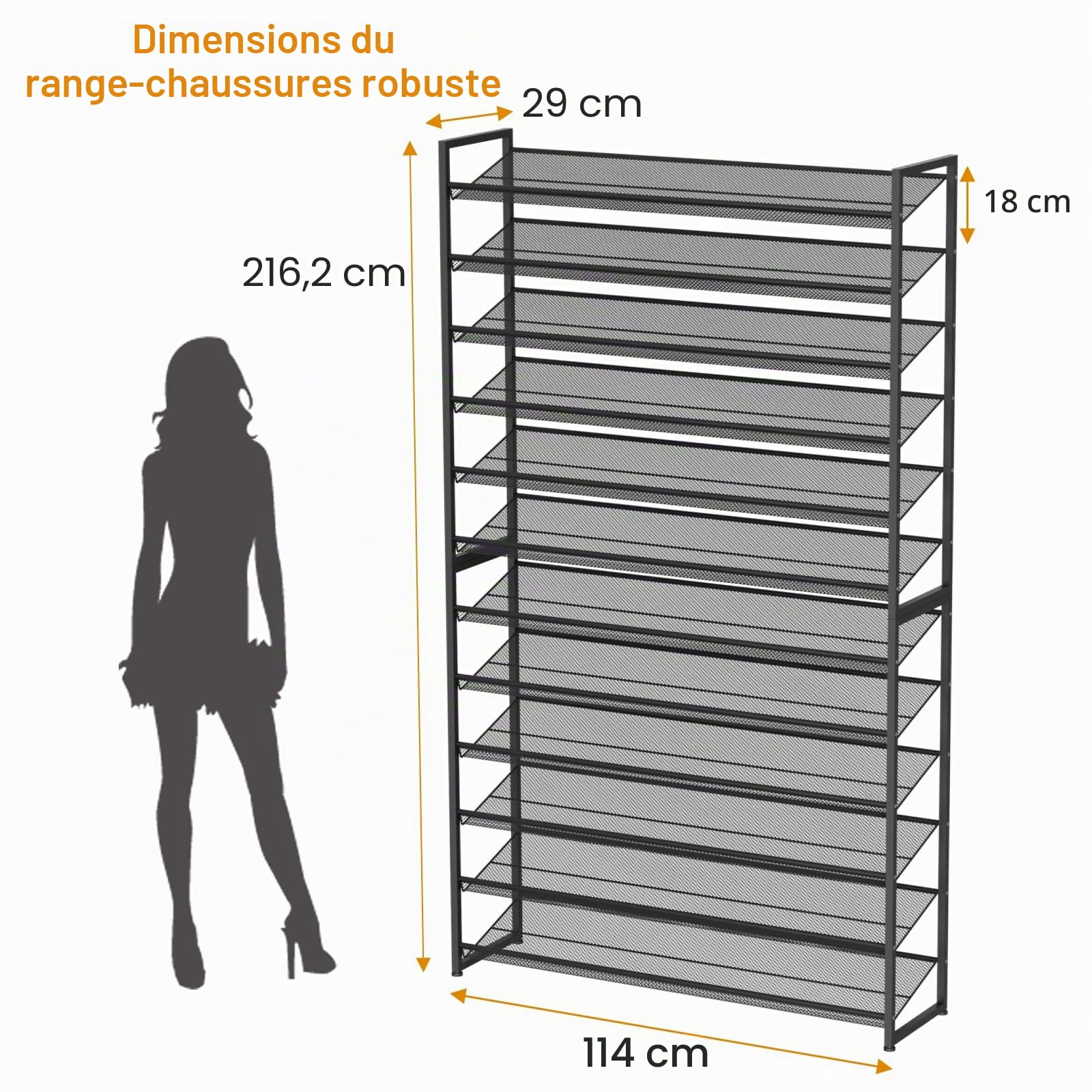 Grande étagère à chaussures à 12 niveaux, en métal robuste, empilable, étagère à chaussures verticale à 6 niveaux, pour placard, porte d'entrée, jusqu'à 75 paires, 113,8 x 29 x 216,2 cm (l x P