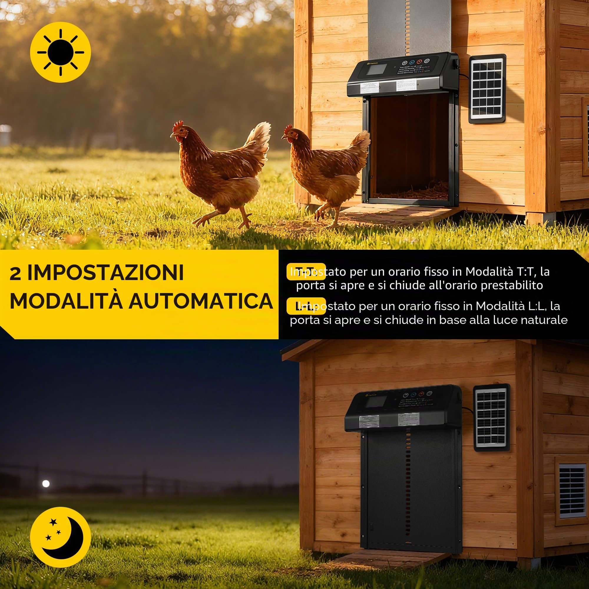 Porta per pollaio automatica solare MELLWIN con display LED, sensore di luce e timer, porta pollaio, porta automatica pollaio anti-predatori, resistente all’inverno