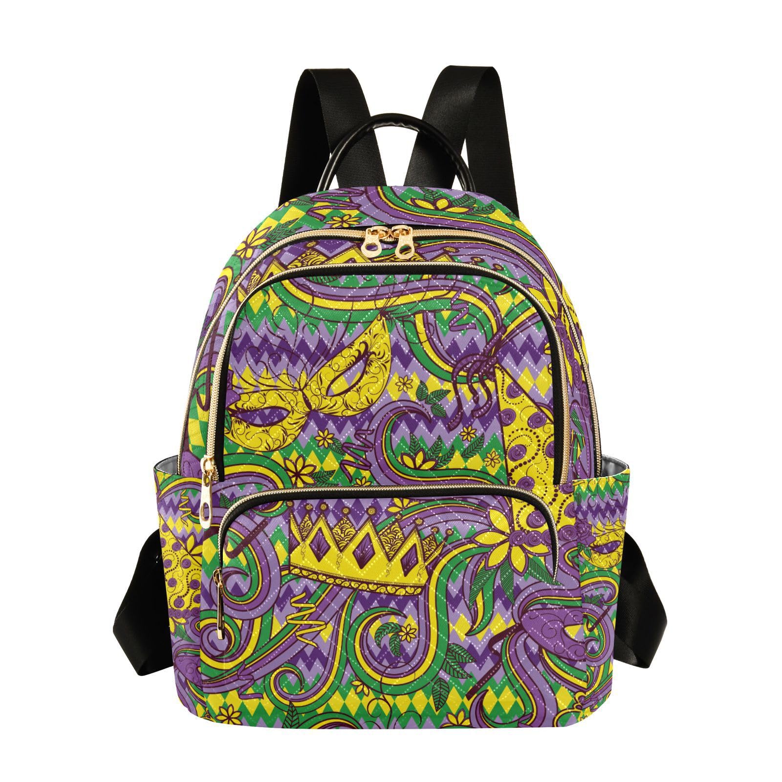 Yasala Mardi Gras Women Backpack Festive Crown Zigzag Anti-Theft Travel Backpack with Luggage Belt Durable Handbag Lady Purse Roomy Double Zipper Weekend Bag Fat Tuesday Gift