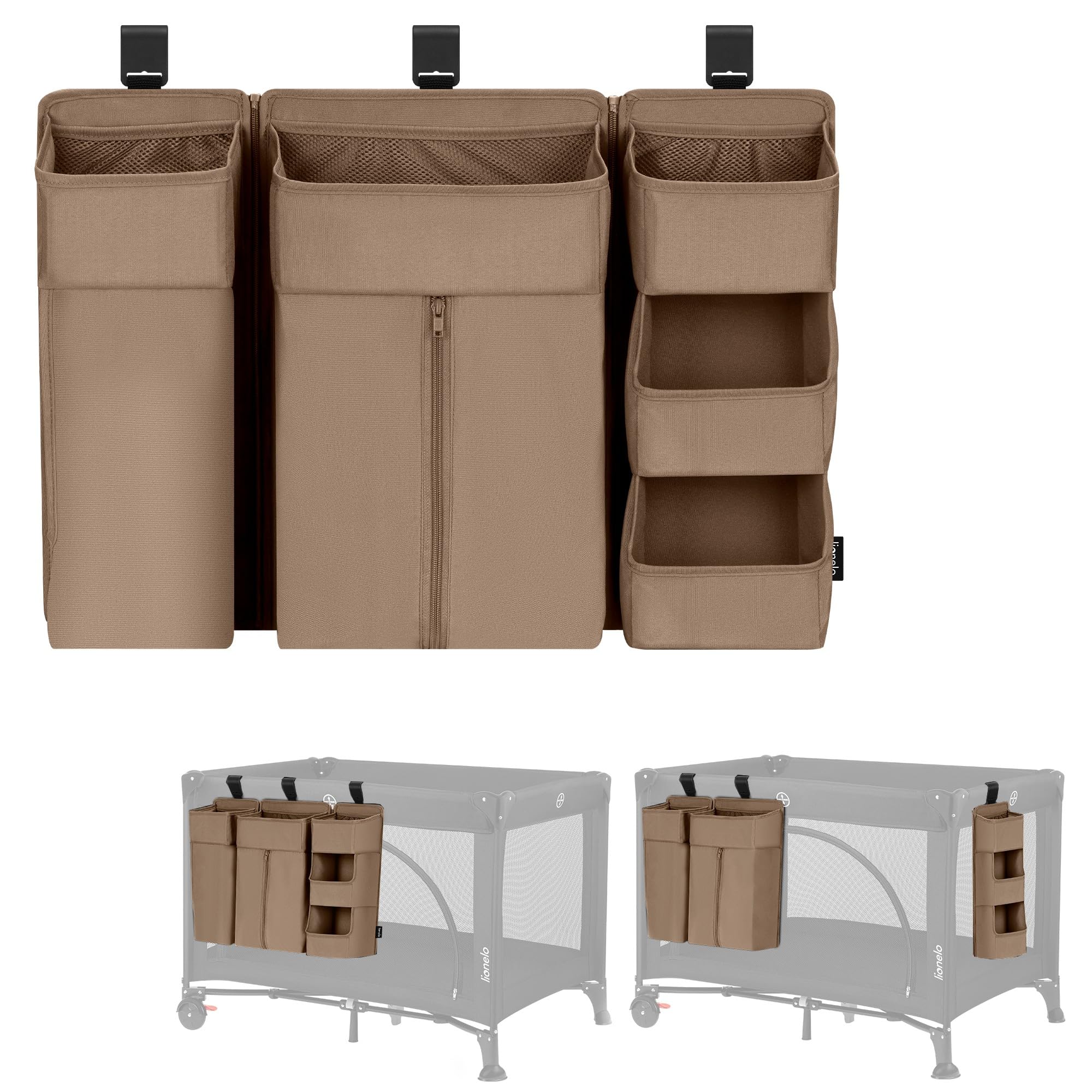 lionelo Sidepocket Large Hanging Nursery Organiser 58×11×58 cm – Modular 3-Section Cot Storage with Zip Pocket & Multiple Compartments – Fits Travel Cots, Bedside Cots, Cribs & Playpens