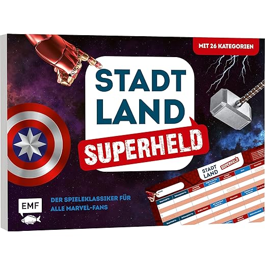 Stadt, Land, Superheld – Der Spieleklassiker für alle Marvel-Fans: Der ultimative Stadt, Land, Fluss-Spieleblock mit 26 Kategorien aus der Welt von ... Hulk, Scarlet Witch und Co. – von 8-99 Jahren