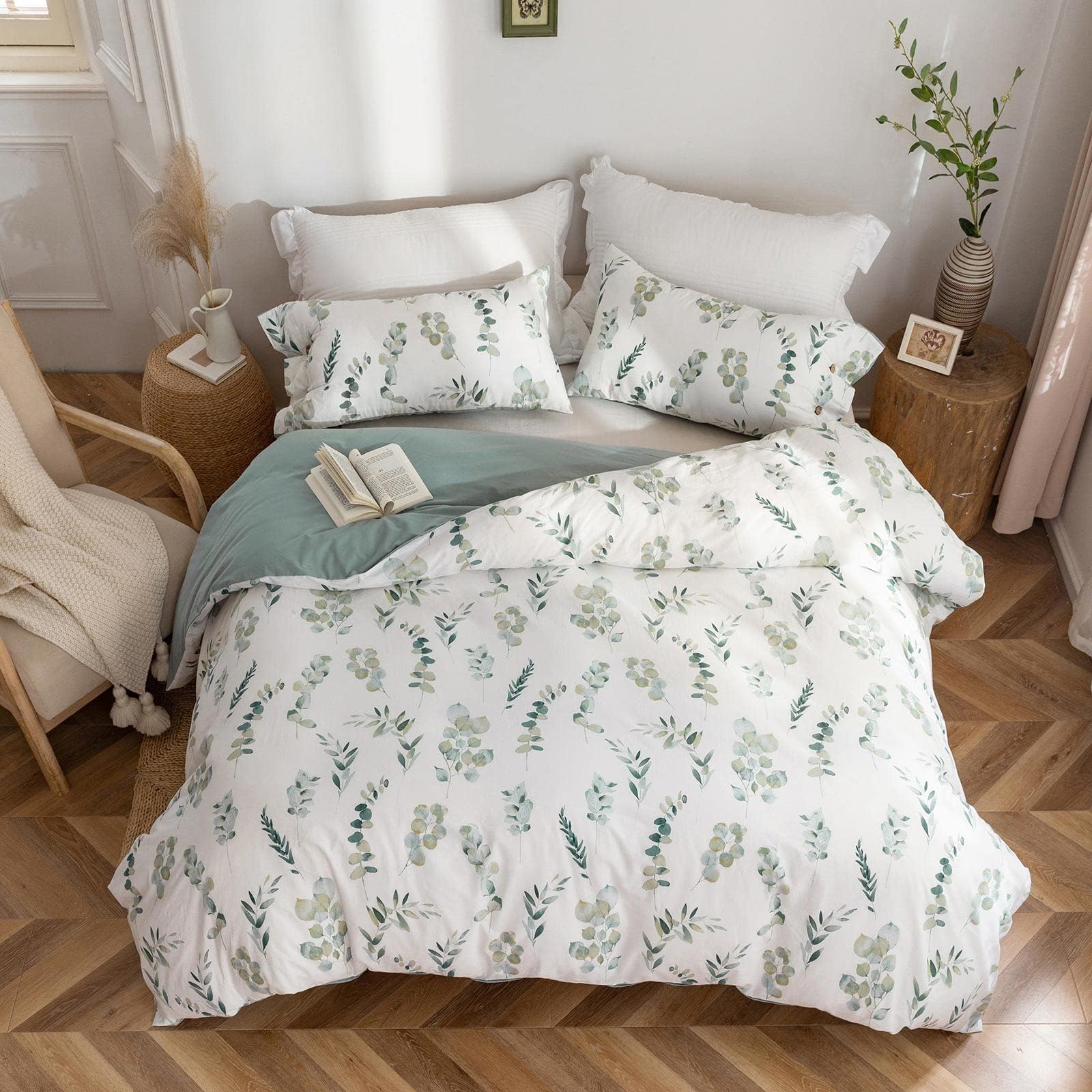 MILDLY Housse de Couette 220x240 Coton - Design Motif Botanique, 100% Coton Lavé, Certifié Oeko-TEX, Vert Sauge Motif Feuilles Parure de Lit 2 Personnes 220x240 Coton avec 2 Taies d'oreiller 65x65 cm