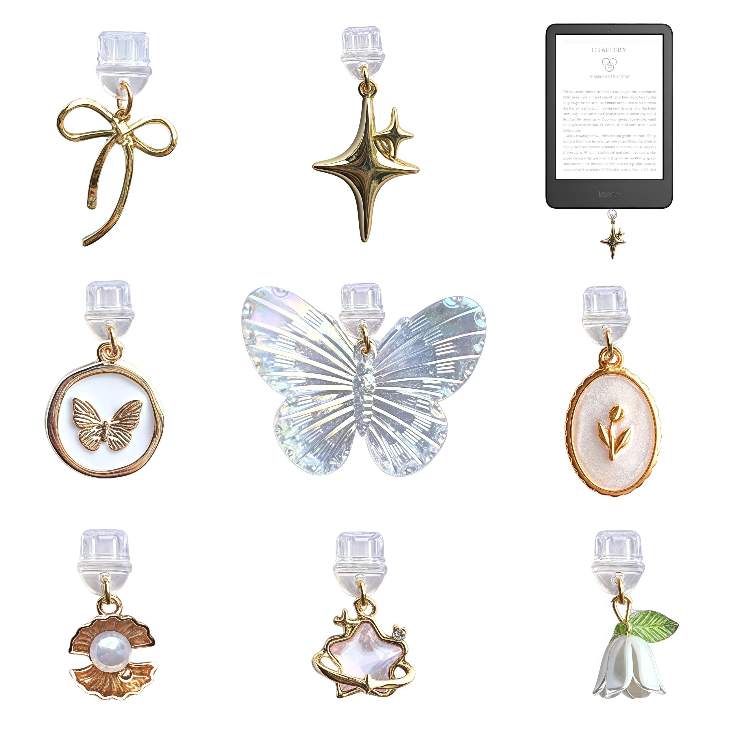 Romukuku 8 Pcs Charms for Kindle, Butterfly Star Bow Flower Design, Compatible with Kindle and Phone Type C Charging Ports