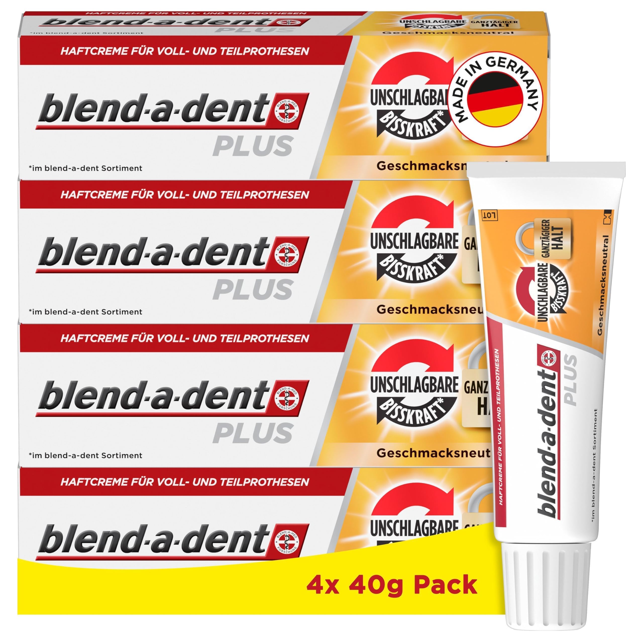 Blend-a-dent Plus Unschlagbare Bisskraft Haftcreme für Voll- und Teilprothesen, Geschmacksneutral, 4x 40g