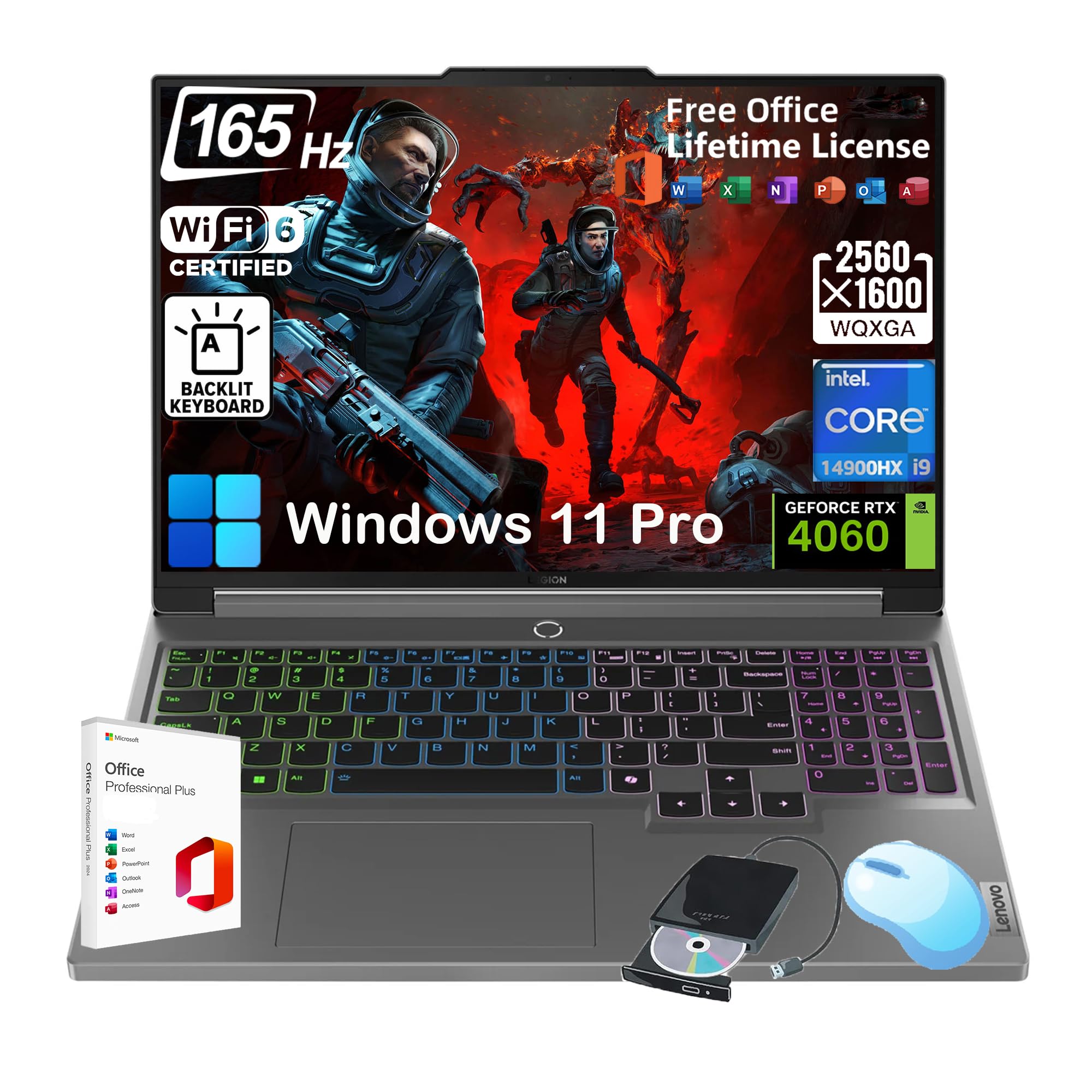 Legion pro 5i Gaming Laptop - w/Office Lifetime, Intel 14th Gen i9-14900HX, 16" WQXGA 165Hz Display, GeForce RTX 4060, Backlit KB, Win 11 Pro & External DVD Drive (64GB DDR5 RAM | 1TB SSD)