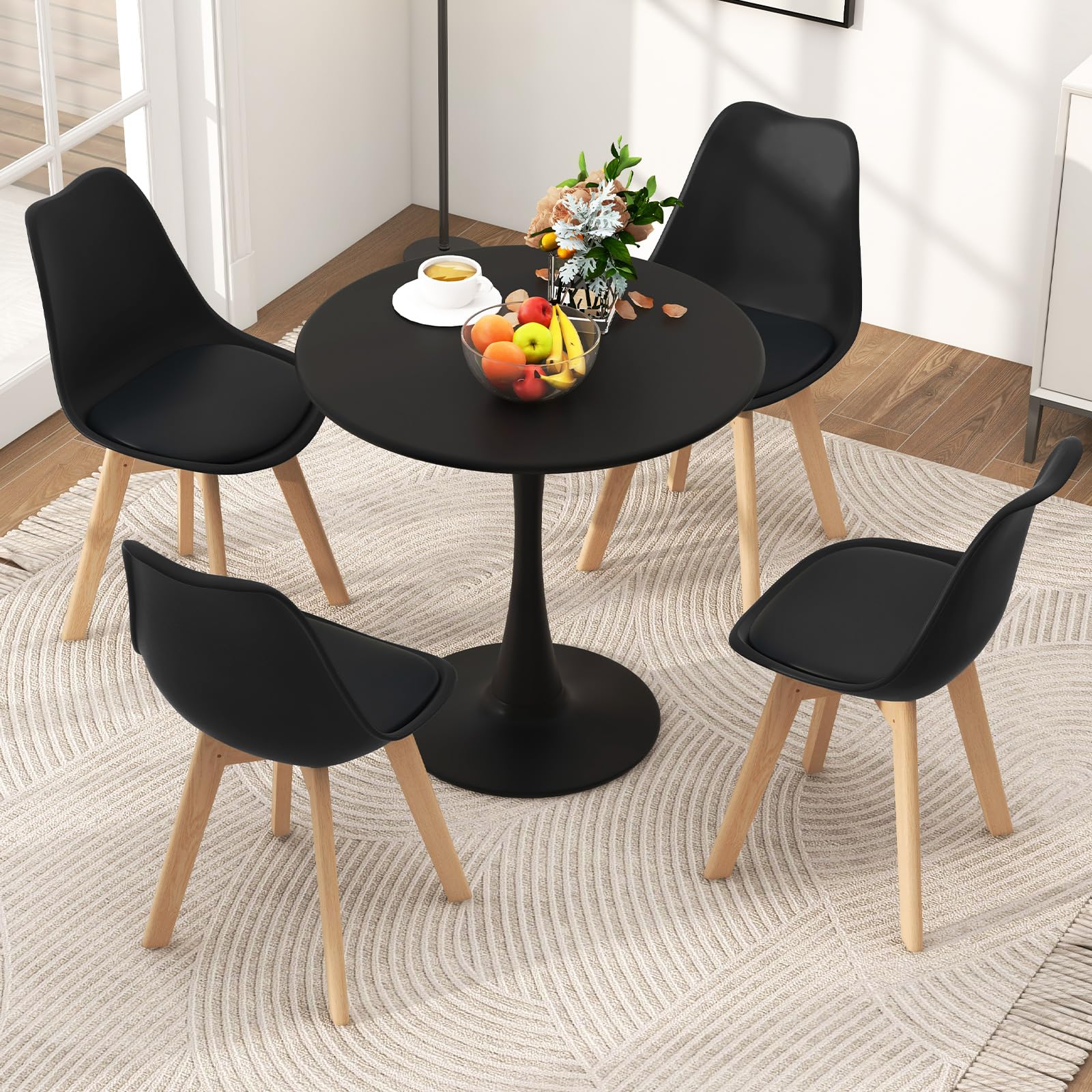 Tangkula Round Dining Table Set for 4, Kitchen Table Set with Padded Seat & Solid Wood Legs, Round Kitchen Table and Chairs for Small Space, Black (