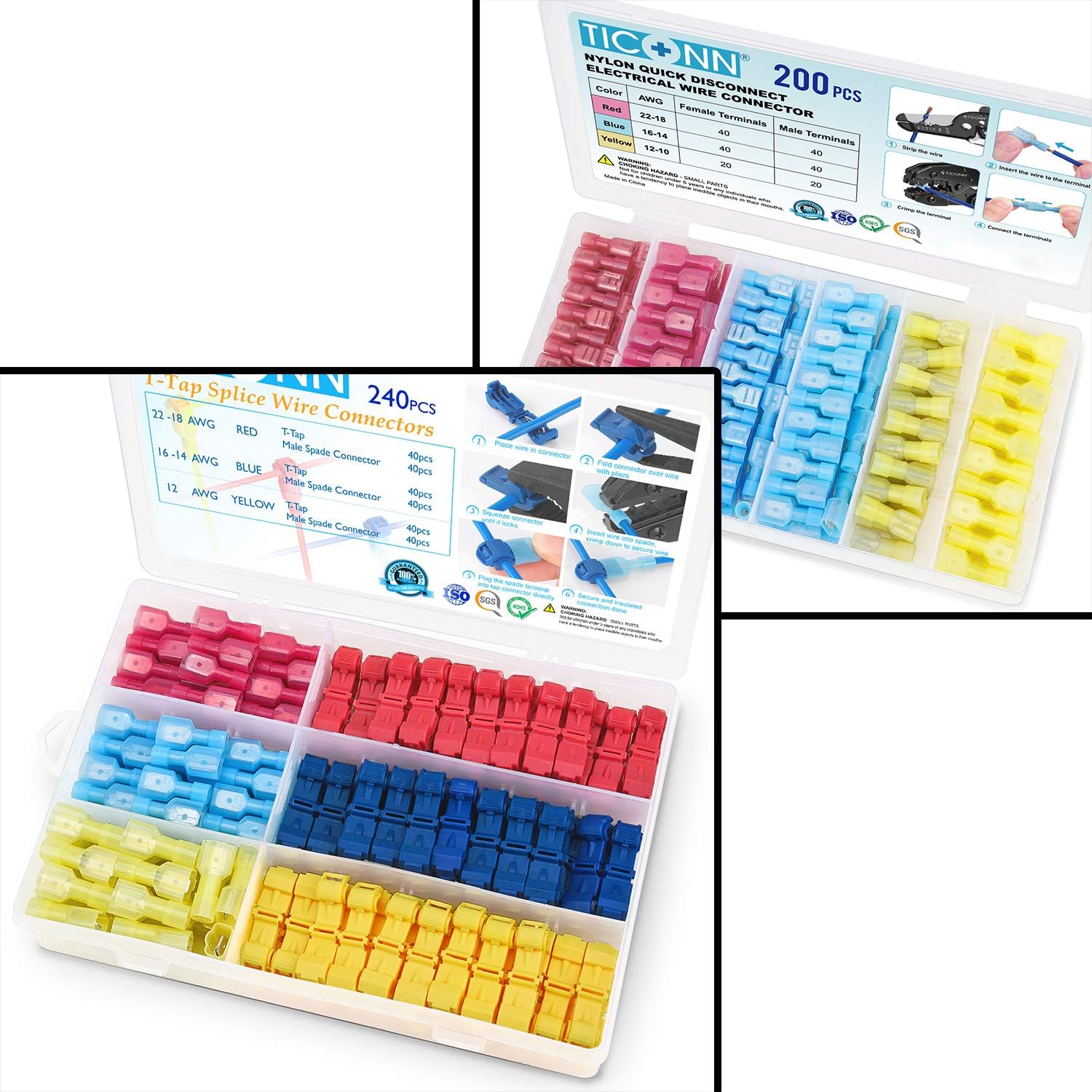 TICONN 240PCS T-Tap Wire +200PCS Nylon Quick Disconnect Connectors