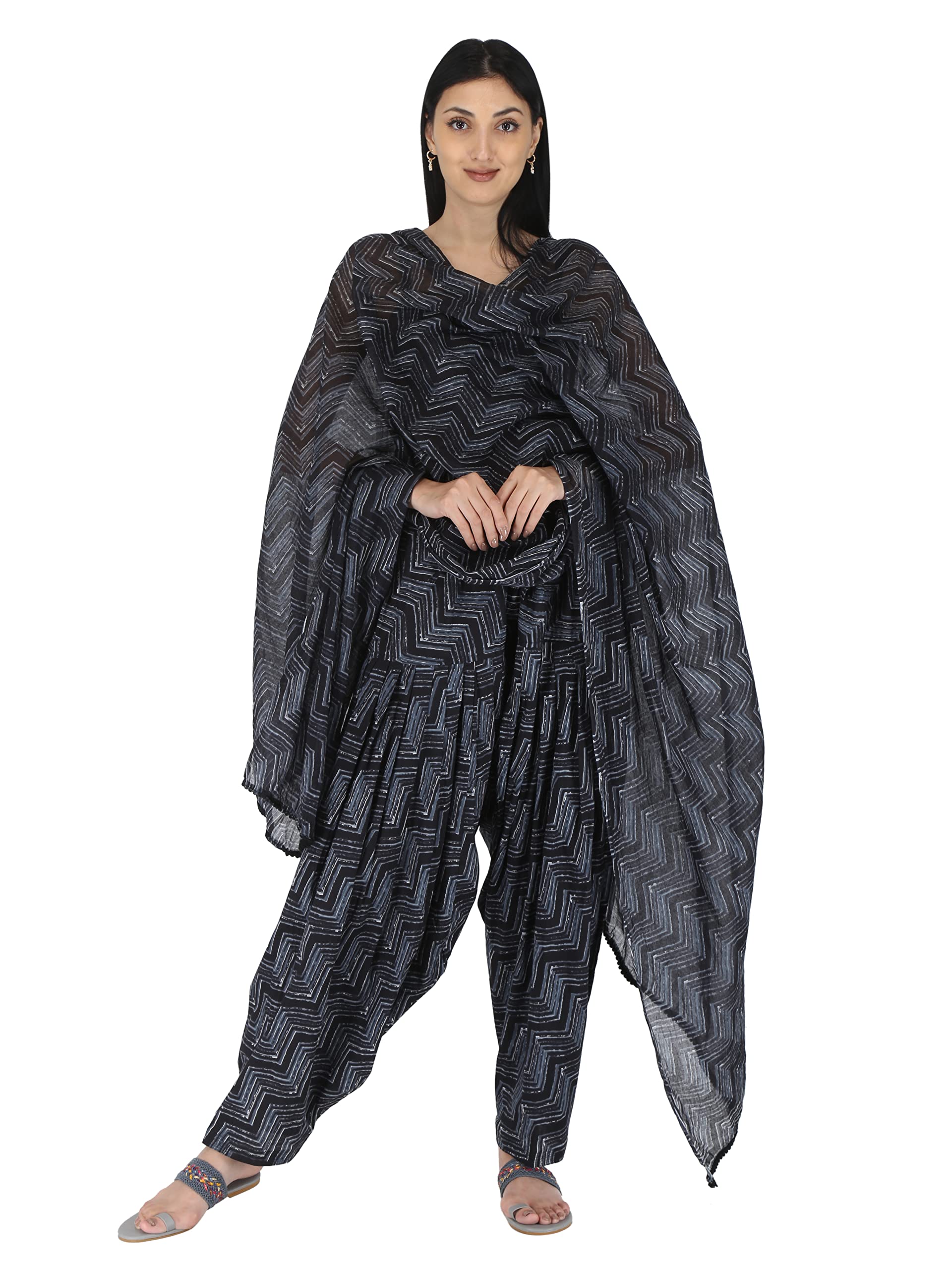 Women's Regular Fit Cotton Patiala Salwar With Dupatta (RSBUTTERFLY04_Black_Free Size)-image-11
