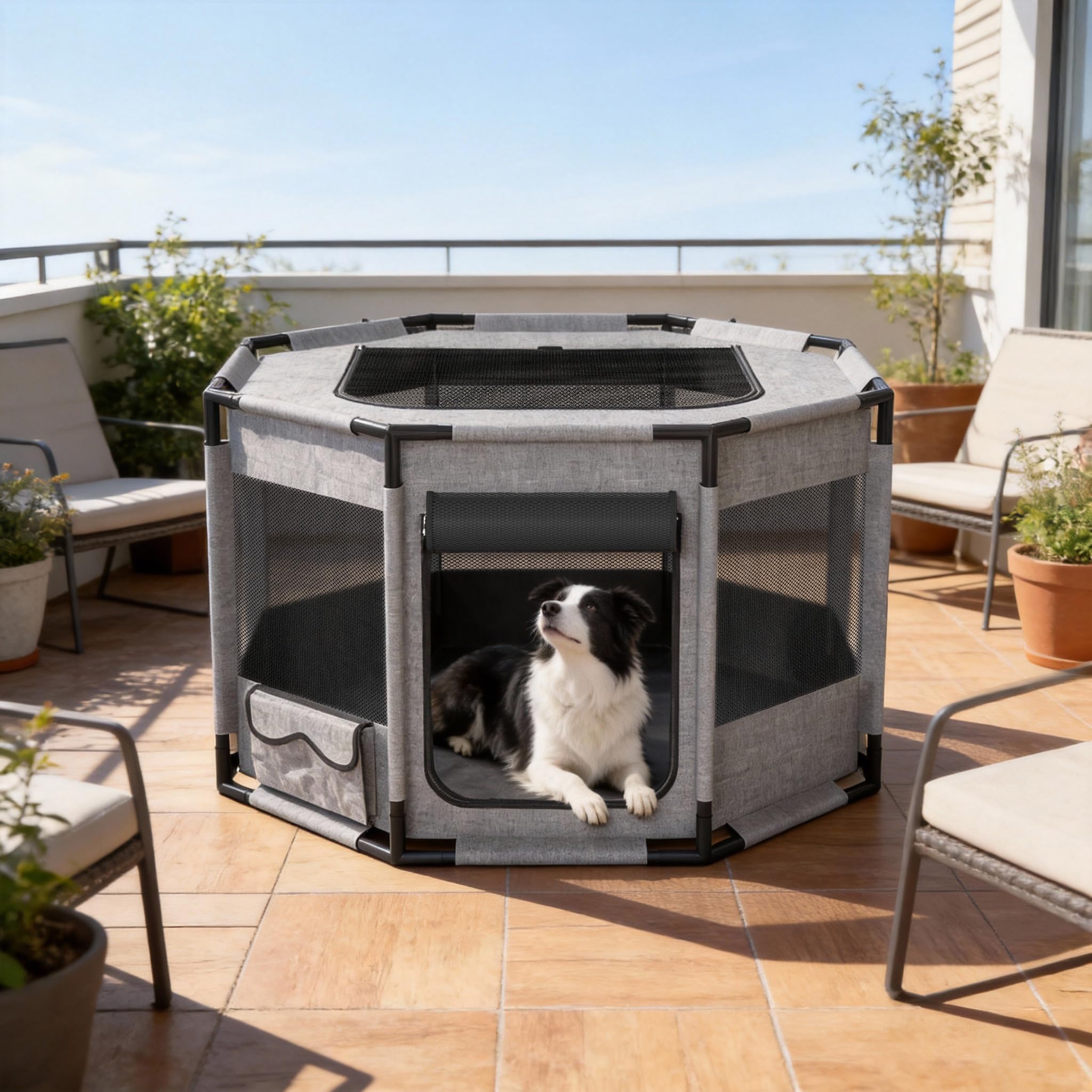 Froadp Jaula móvil para cachorros de tela Oxford 600D con marco de PVC, parque plegable para perros y gatos, con puerta con cremallera y apertura superior, gris, octogonal L