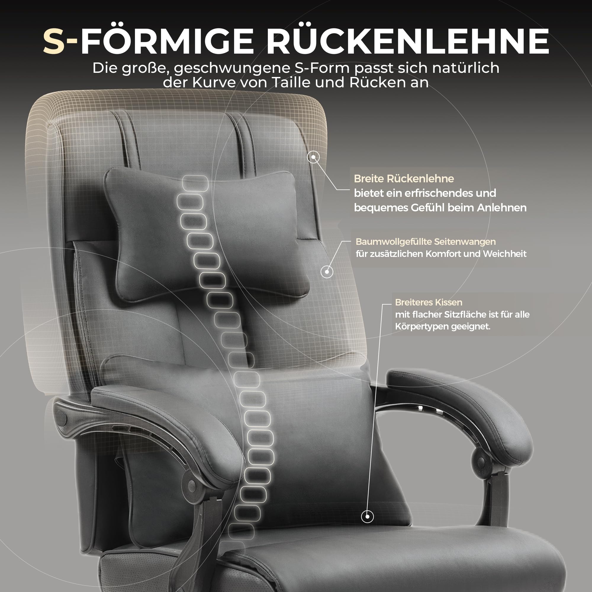 Dowinx Sedia direzionale ergonomica con poggiapiedi, vertebre lombare e poggiatesta regolabili, sedia da ufficio, sedia girevole per computer con schienale alto, 150 kg (nero)