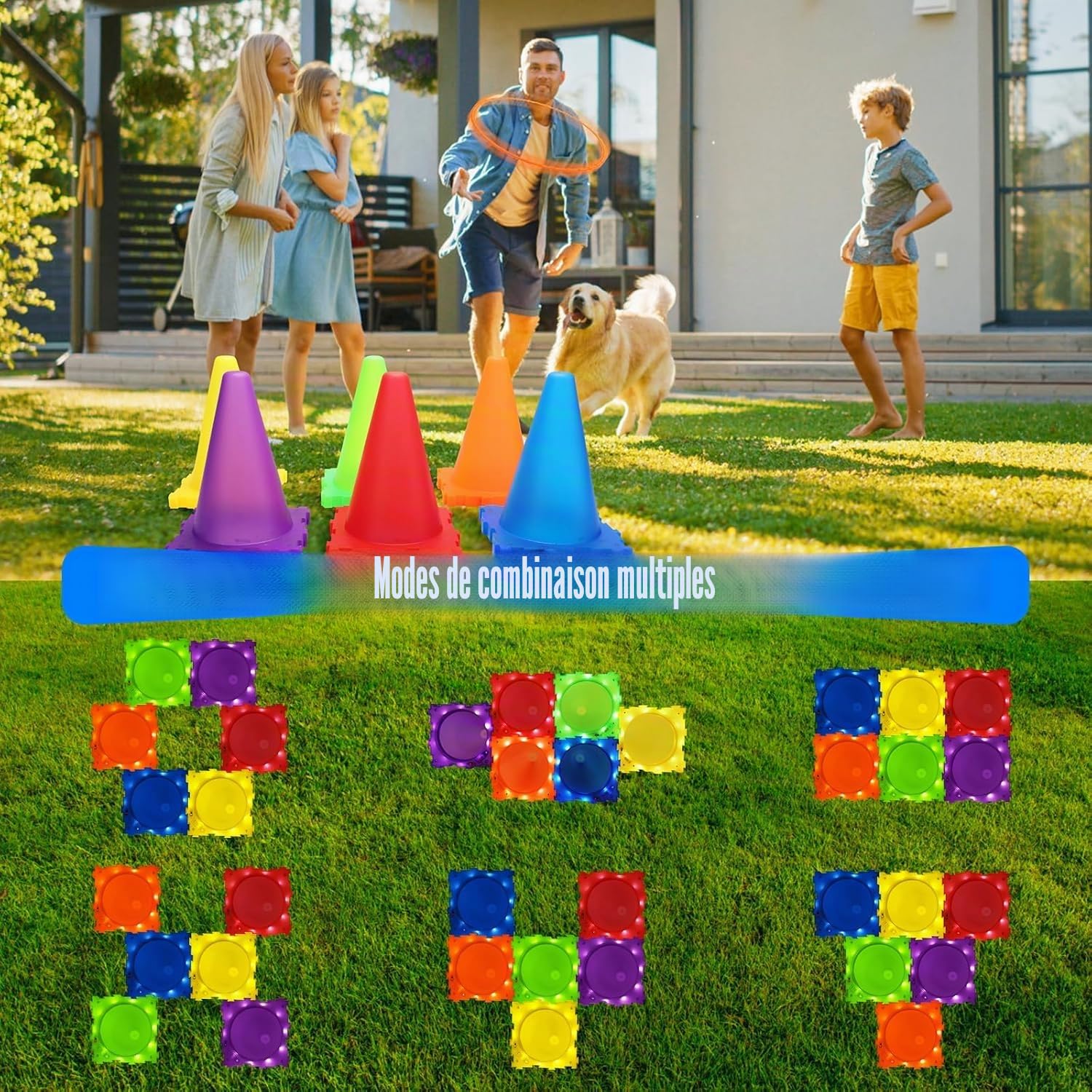 VATOS Jeux Exterieur Enfant Parcours de Motricité - 3 en 1 Jeu de Balle, Anneau et Sac de Haricots Lumineux, Jouets de Jardin, de Carnaval et de fête pour Les Enfants