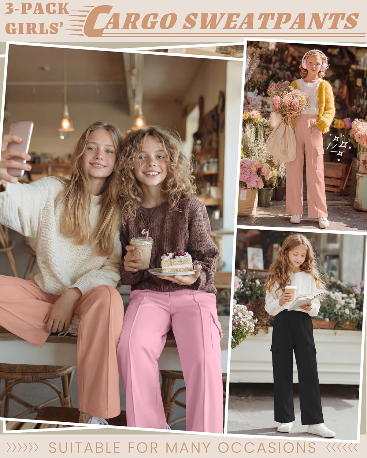 3 Pack Girls Wide Leg Sweatpants Cargo Pants High Waisted Baggy Causal Loose Kids Elastic Waistband Pants Joggers - Image 4