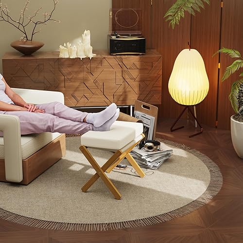 Miniatura 7 de BAMBOOHOMIE Taburete de tocador, taburete de maquillaje plegable con patas en X de bambú, taburete otomano pequeño para tocador, asiento acolchado