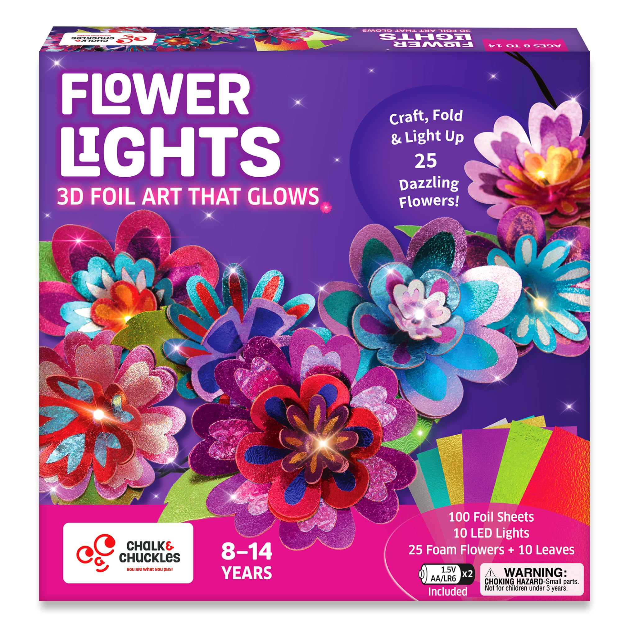 Chalk and Chuckles Flower Lights- DIY Foil Art and Craft Kit for Girls 9-12, Make 3D Flower String with 10 LED Bulbs, Mess Free Creative Toy & Room Decor, Birthday Gift for Kids Age 8+ Years-image-32