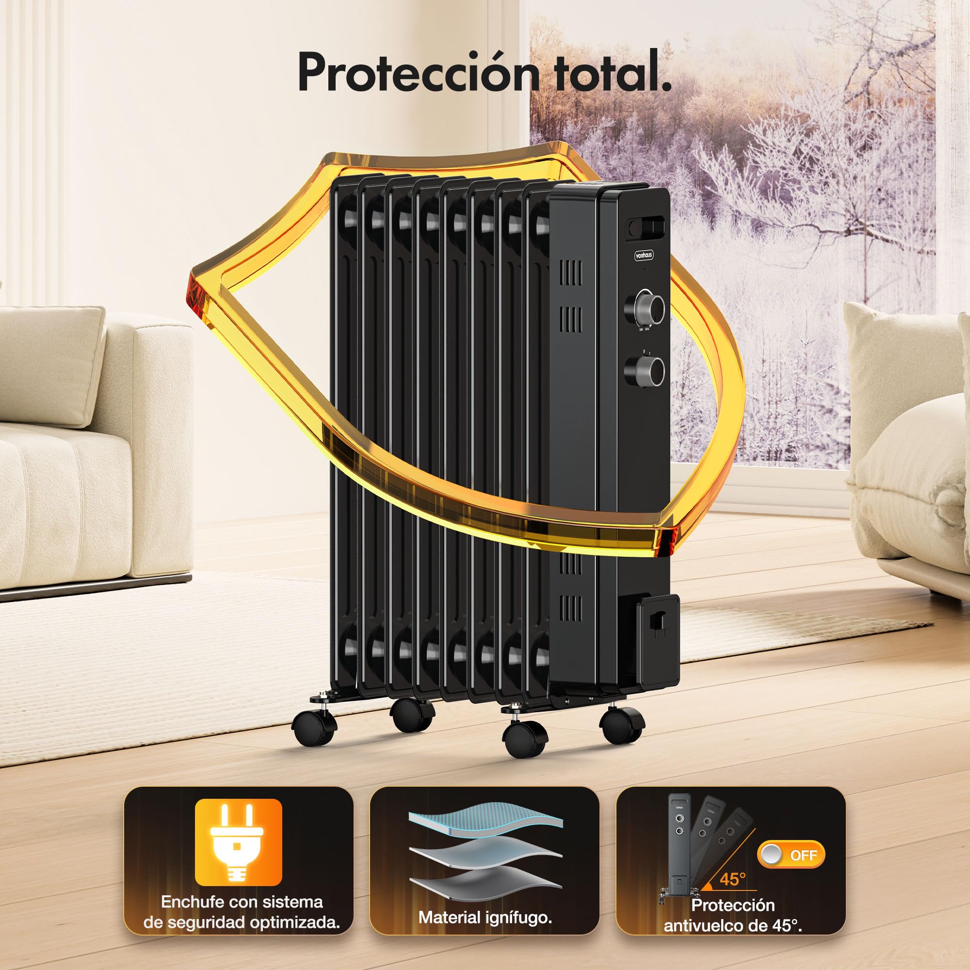 VonHaus Radiador Eléctrico de Aceite de 9 elementos – Calefactor Eléctrico Bajo Consumo Portátil 2000 W - Termostato Ajustable, 3 Niveles de Calor, 4 Ruedas, Cable 1,5 m (Negro)