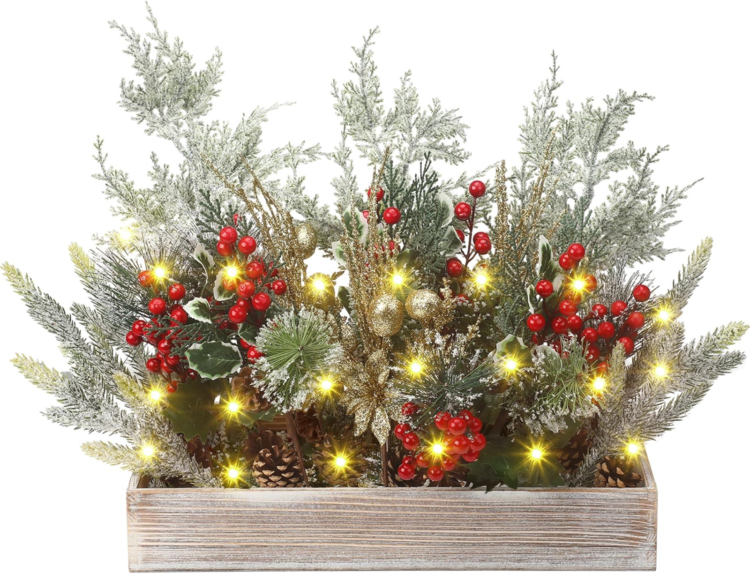 Christmas Centerpiece Winter Arrangement Artificial Snowy Christmas Picks Assorted Branches Holly Red Berry Pine Cone Picks in Rectangle Wooden Box for Farmhouse Rustic Table Decoration Christmas Centerpiece Winter Arrangement Artificial Snowy Christmas Picks Assorted Branches Holly Red Berry Pine Cone Picks in Rectangle Wooden Box for Farmhouse Rustic Table Decoration