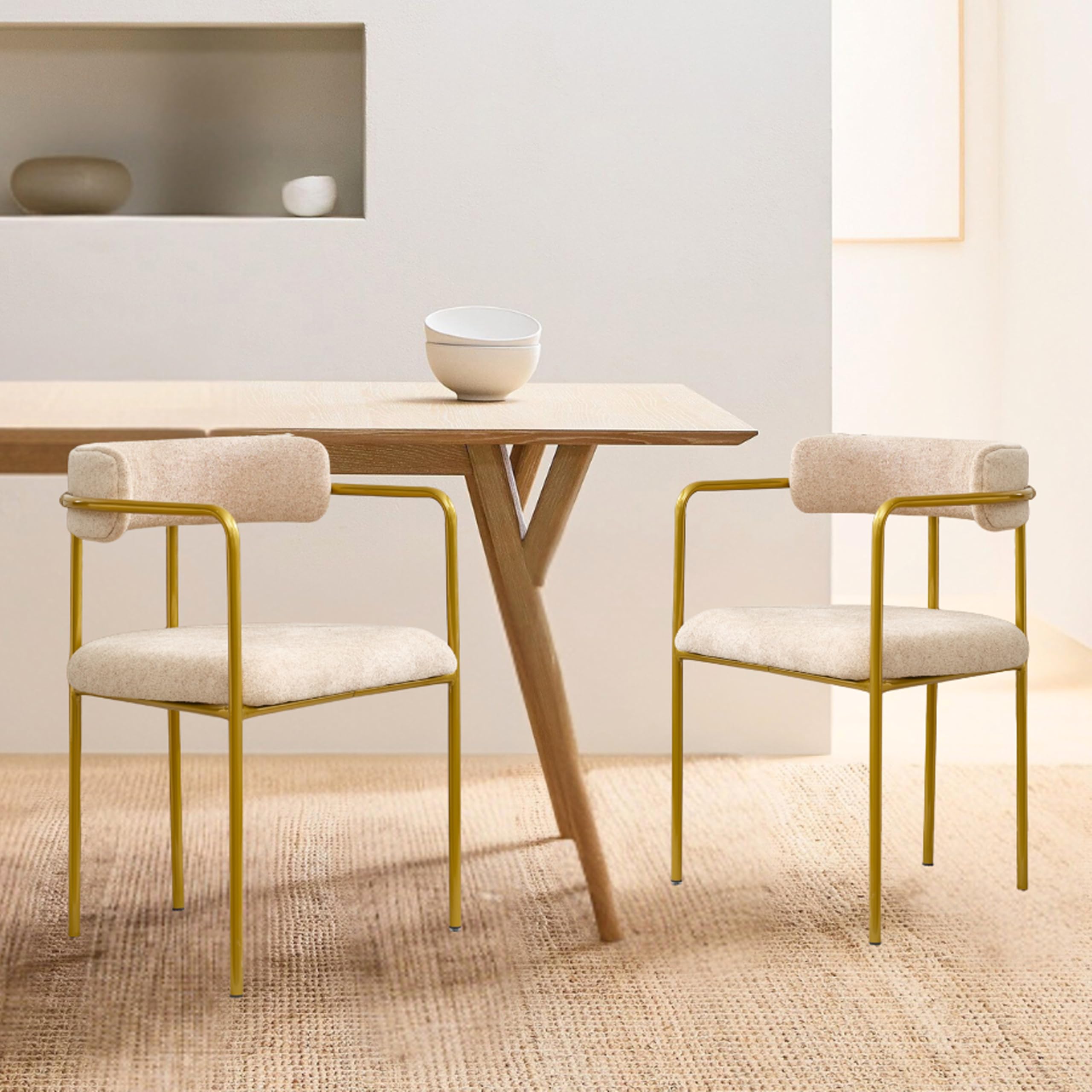 Arvasslia Boucle Dining Chairs Set of 2 with Arms, Mid Century Modern Upholstered Dining Chairs for Kitchen & Dining Room, Curved Backrest, Gold Metal