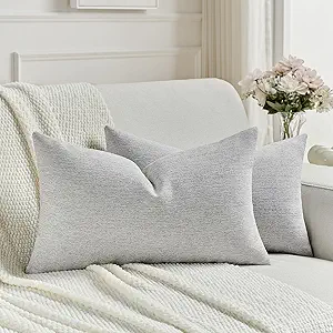 FUTEI Light Grey Chenille Decorative Throw Pillow Covers 12x20 Inch Set of 2,Soft Cozy Faux Linen Textured Lumbar Pillow Cases,Farmhouse Home Decor for Couch Living Room